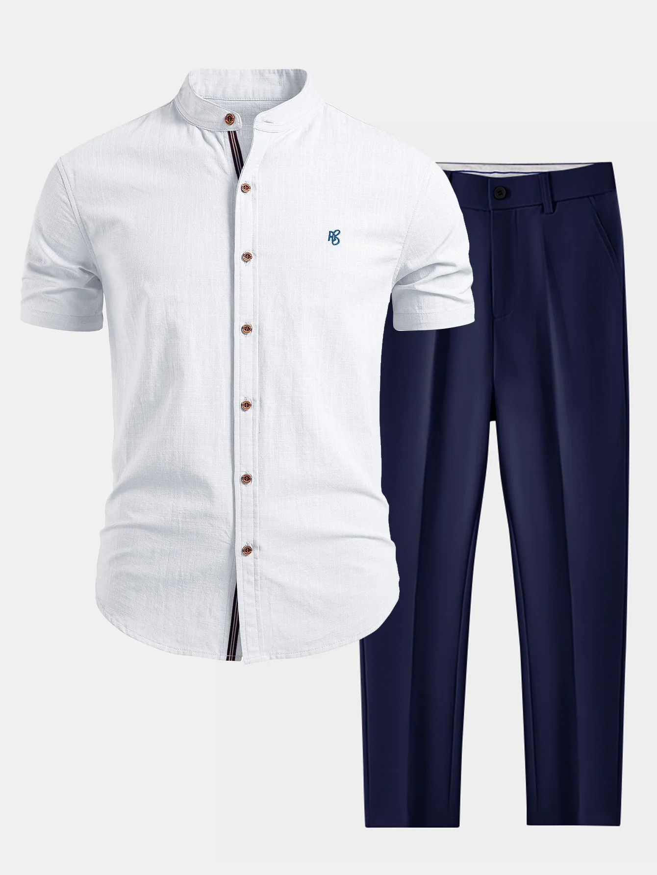 Short Sleeve Linen Look Stand Collar Shirt & Slim Fit Tapered Trousers - Image 3