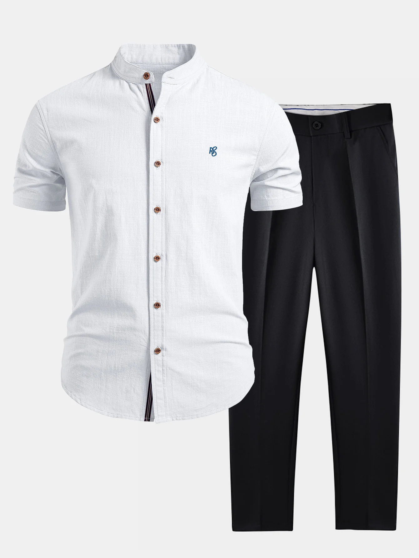 Short Sleeve Linen Look Stand Collar Shirt & Slim Fit Tapered Trousers - Image 4