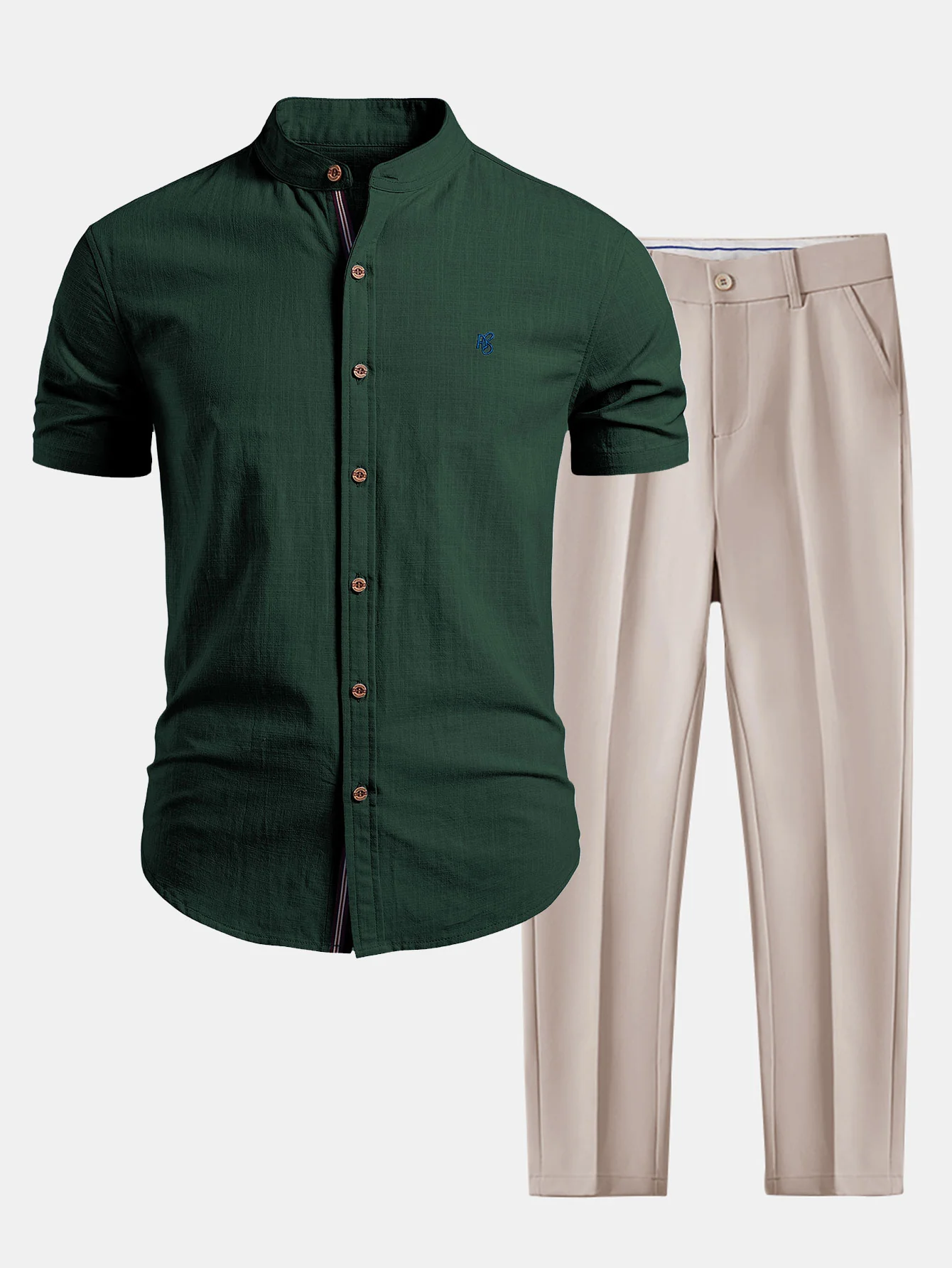 Short Sleeve Linen Look Stand Collar Shirt & Slim Fit Tapered Trousers - Image 5