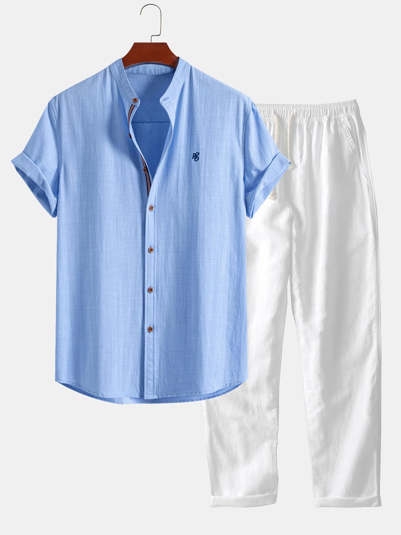 Short Sleeve Linen Look Stand Collar Shirt & Straight Leg Linen Pants - Image 2