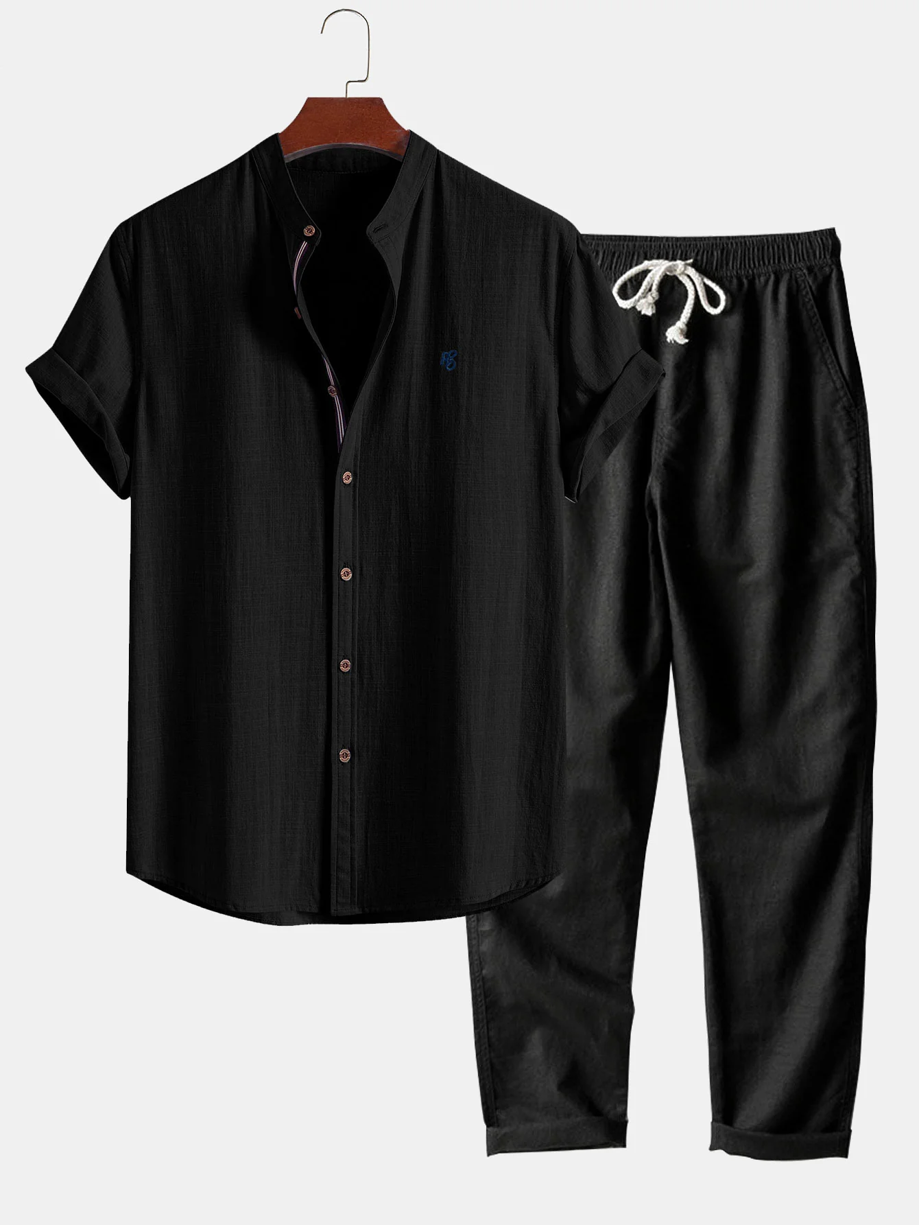 Short Sleeve Linen Look Stand Collar Shirt & Straight Leg Linen Pants - Image 3