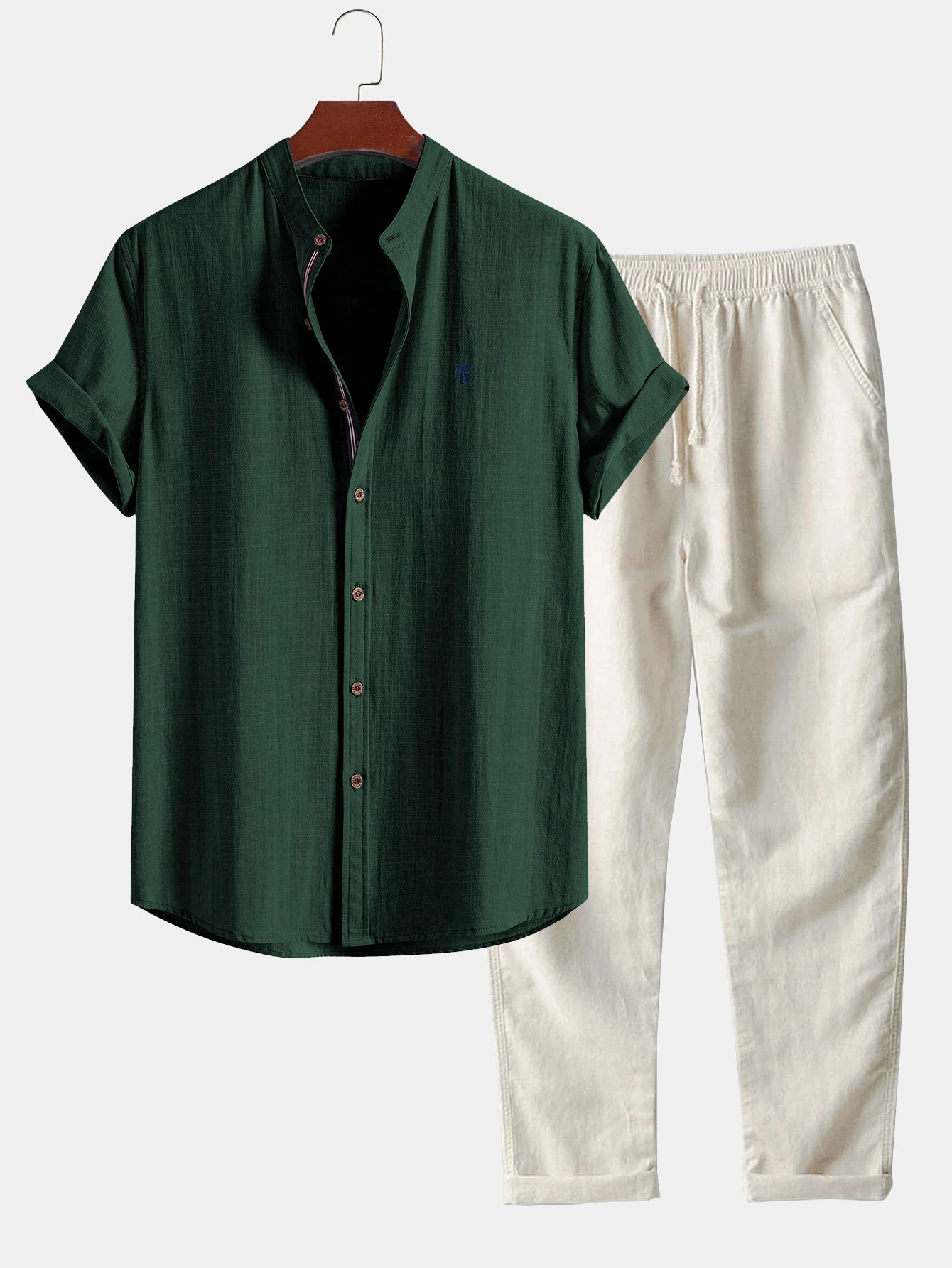 Short Sleeve Linen Look Stand Collar Shirt & Straight Leg Linen Pants - Image 4