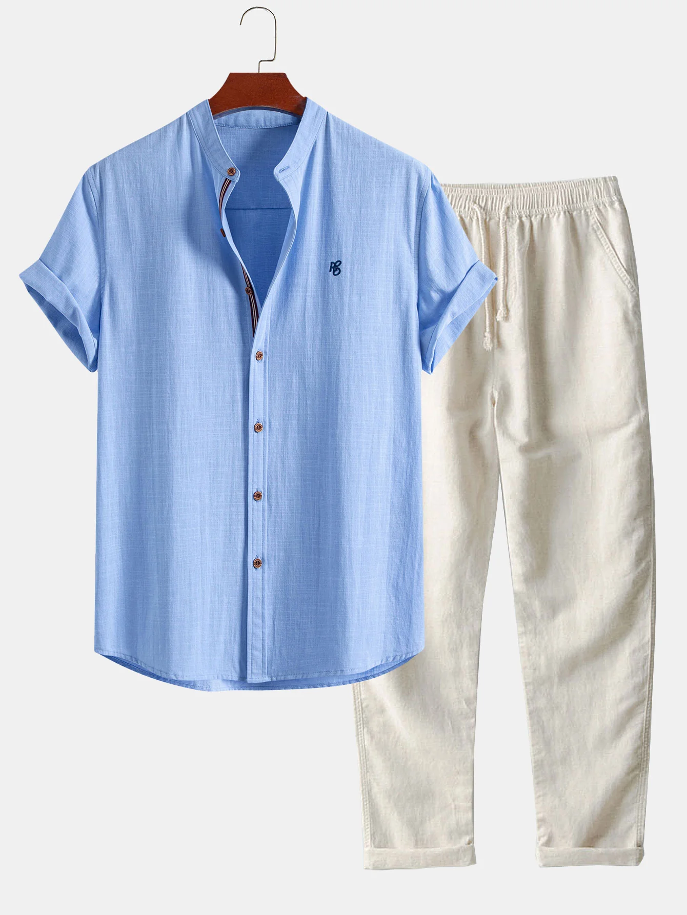 Short Sleeve Linen Look Stand Collar Shirt & Straight Leg Linen Pants - Image 5