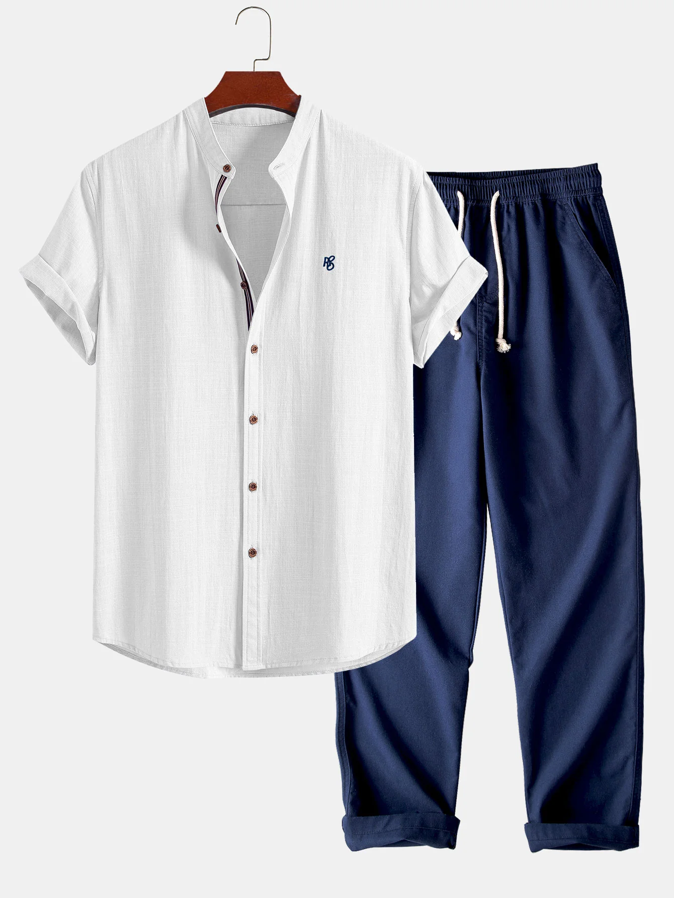 Short Sleeve Linen Look Stand Collar Shirt & Straight Leg Linen Pants - Image 6