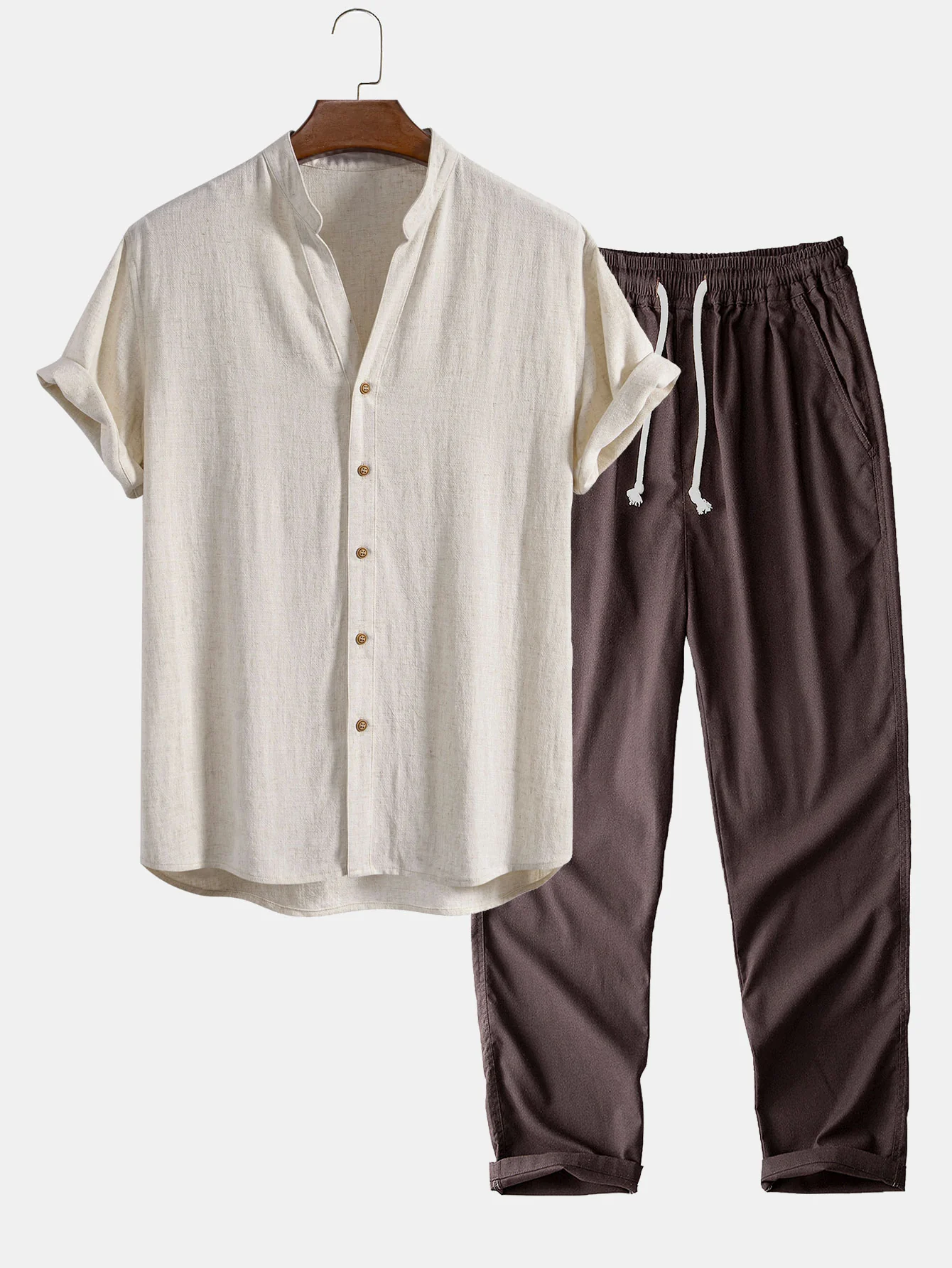V-Ausschnitt Leinen-Rayon-Mischhemd & gerade Leinenhose - Image 3