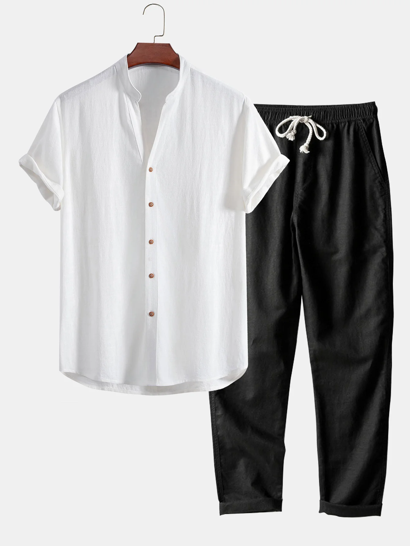 V-Ausschnitt Leinen-Rayon-Mischhemd & gerade Leinenhose - Image 4