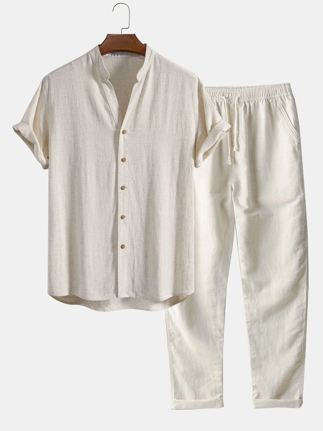 V-Ausschnitt Leinen-Rayon-Mischhemd & gerade Leinenhose