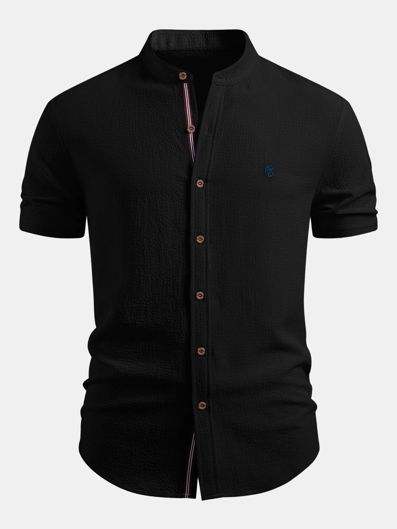 Short Sleeve Seersucker Stand Collar Shirt - Image 3