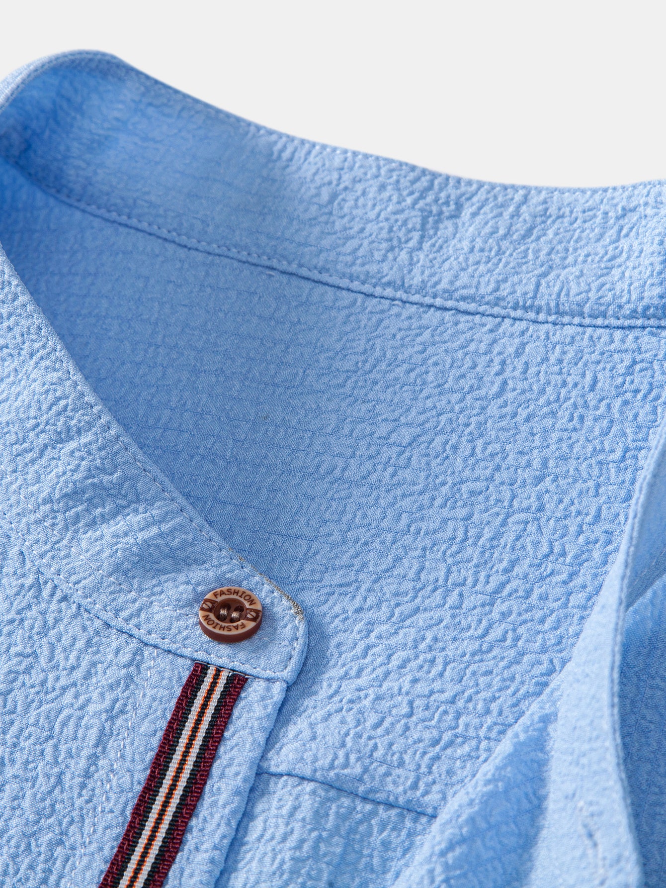 Short Sleeve Seersucker Stand Collar Shirt - Image 5