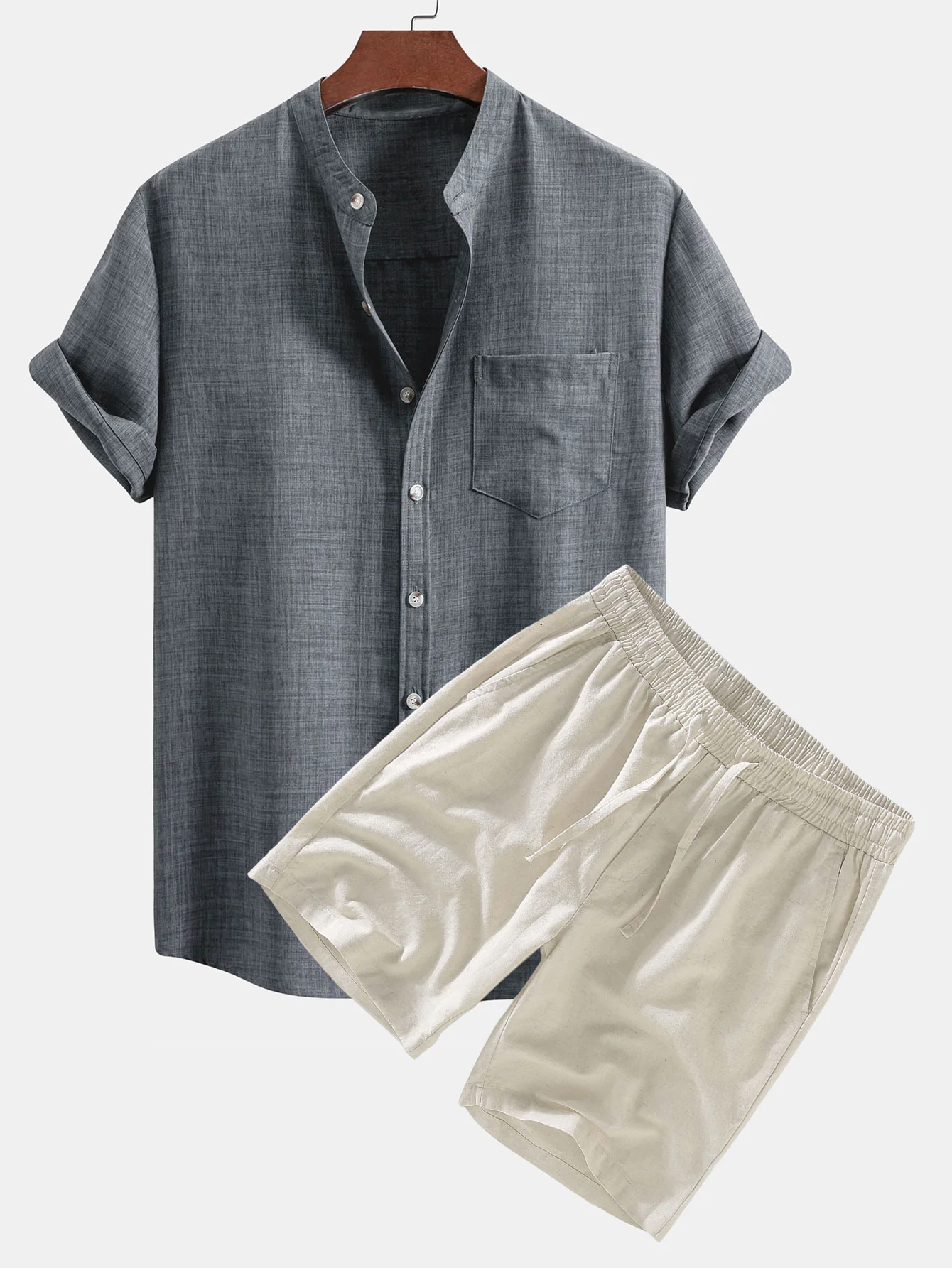 Kurzarm Stehkragenhemd & Leinen Shorts mit Kordelzug - Image 3