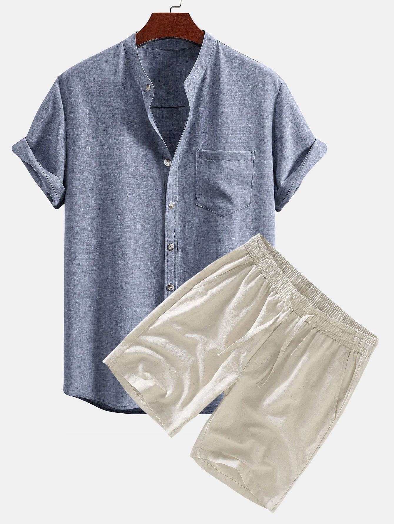 Kurzarm Stehkragenhemd & Leinen Shorts mit Kordelzug - Image 4