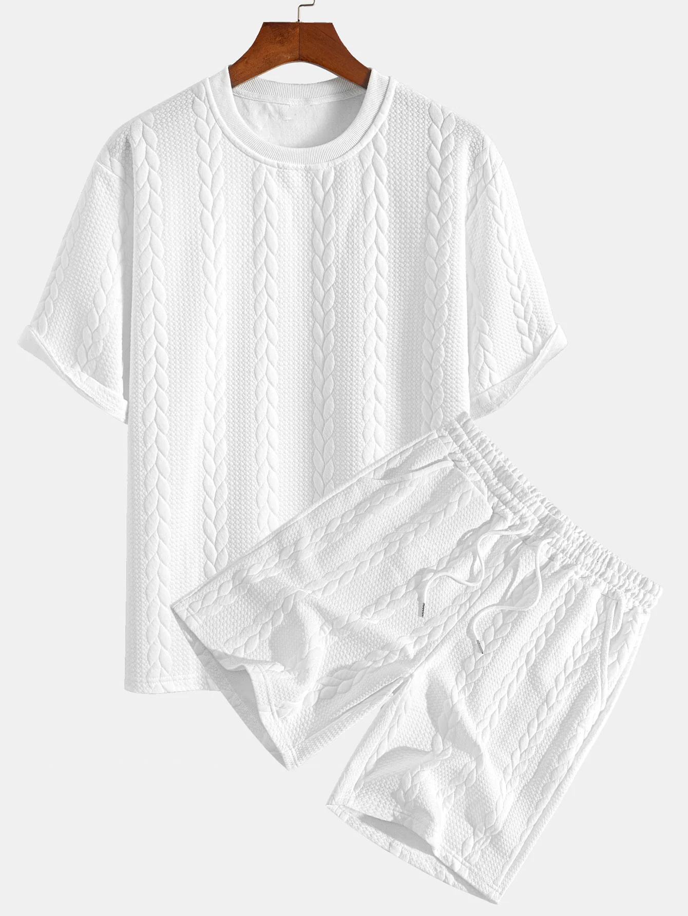 Relaxed Fit Mid-Length Sleeve Twist Jacquard T-Shirt & Shorts