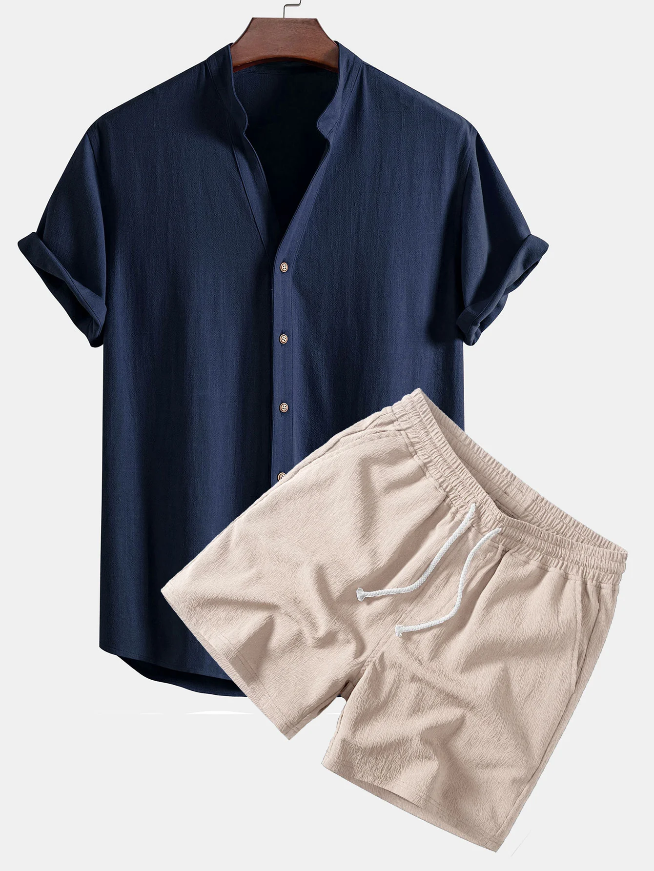 Short Sleeve V Neck Linen Rayon Blend Shirt & Crinkle Textured Drawstring 5" Shorts - Image 2
