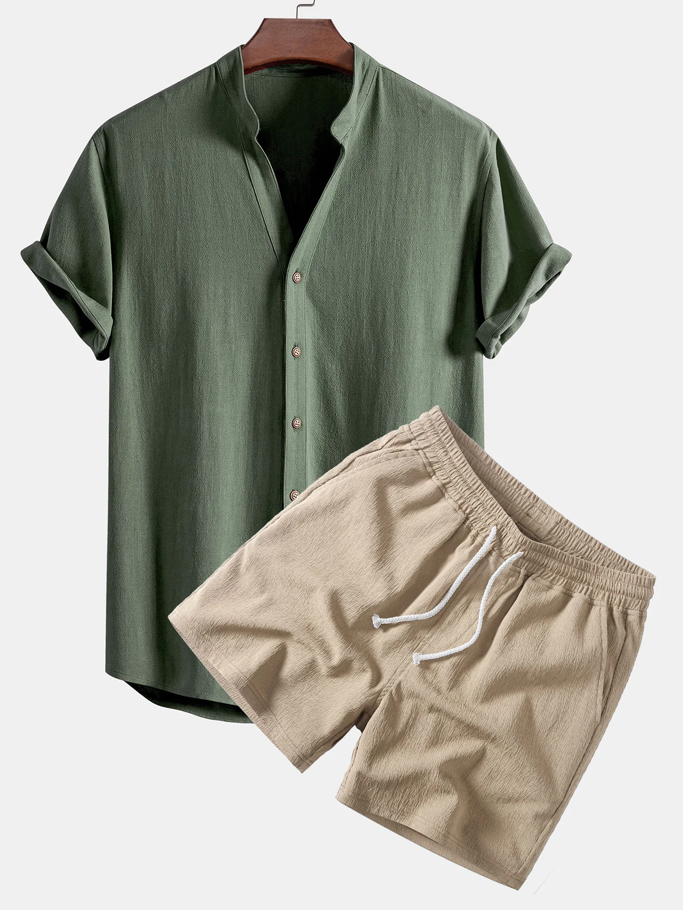 Short Sleeve V Neck Linen Rayon Blend Shirt & Crinkle Textured Drawstring 5" Shorts - Image 3