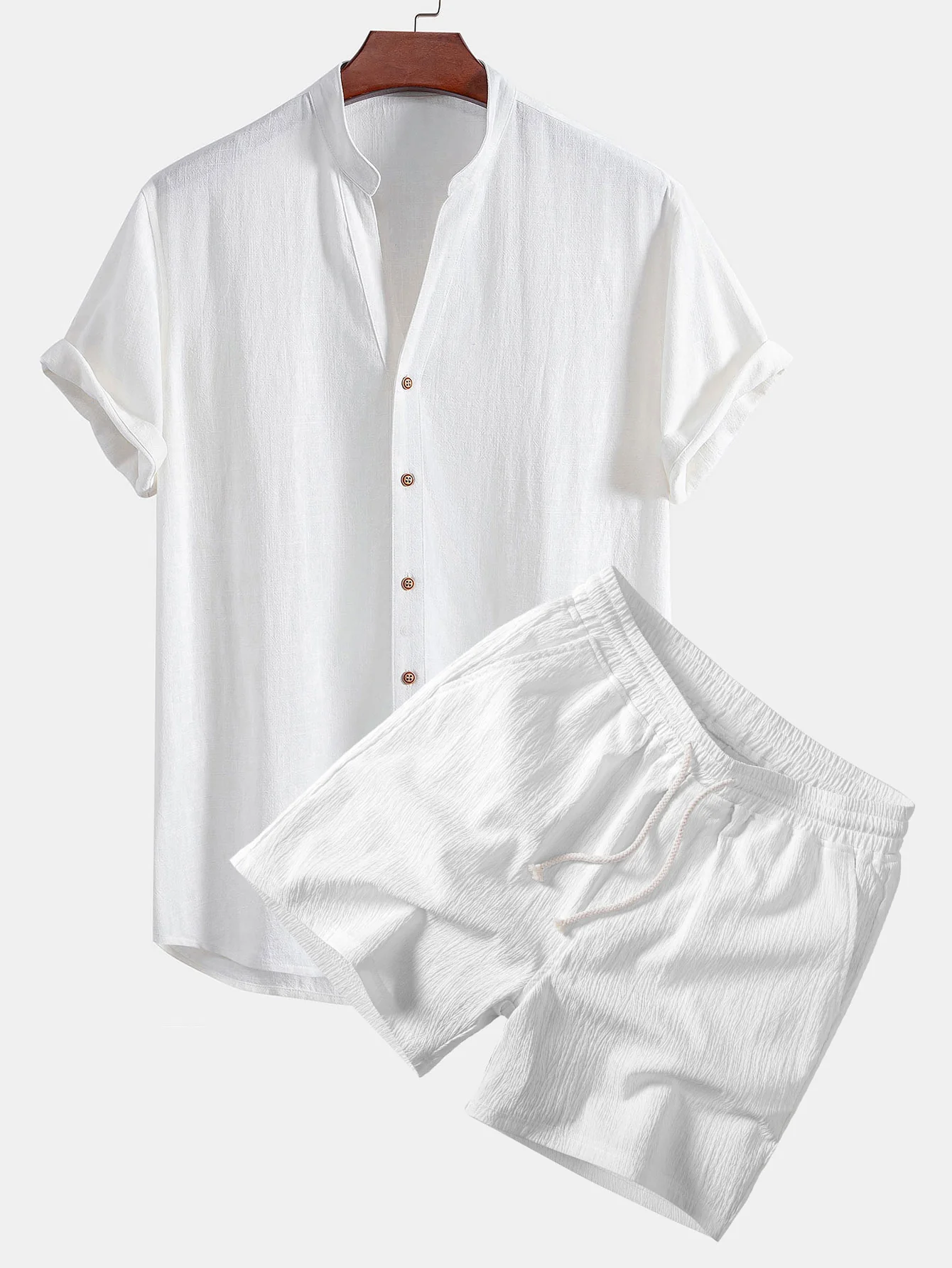 Short Sleeve V Neck Linen Rayon Blend Shirt & Crinkle Textured Drawstring 5" Shorts - Image 4