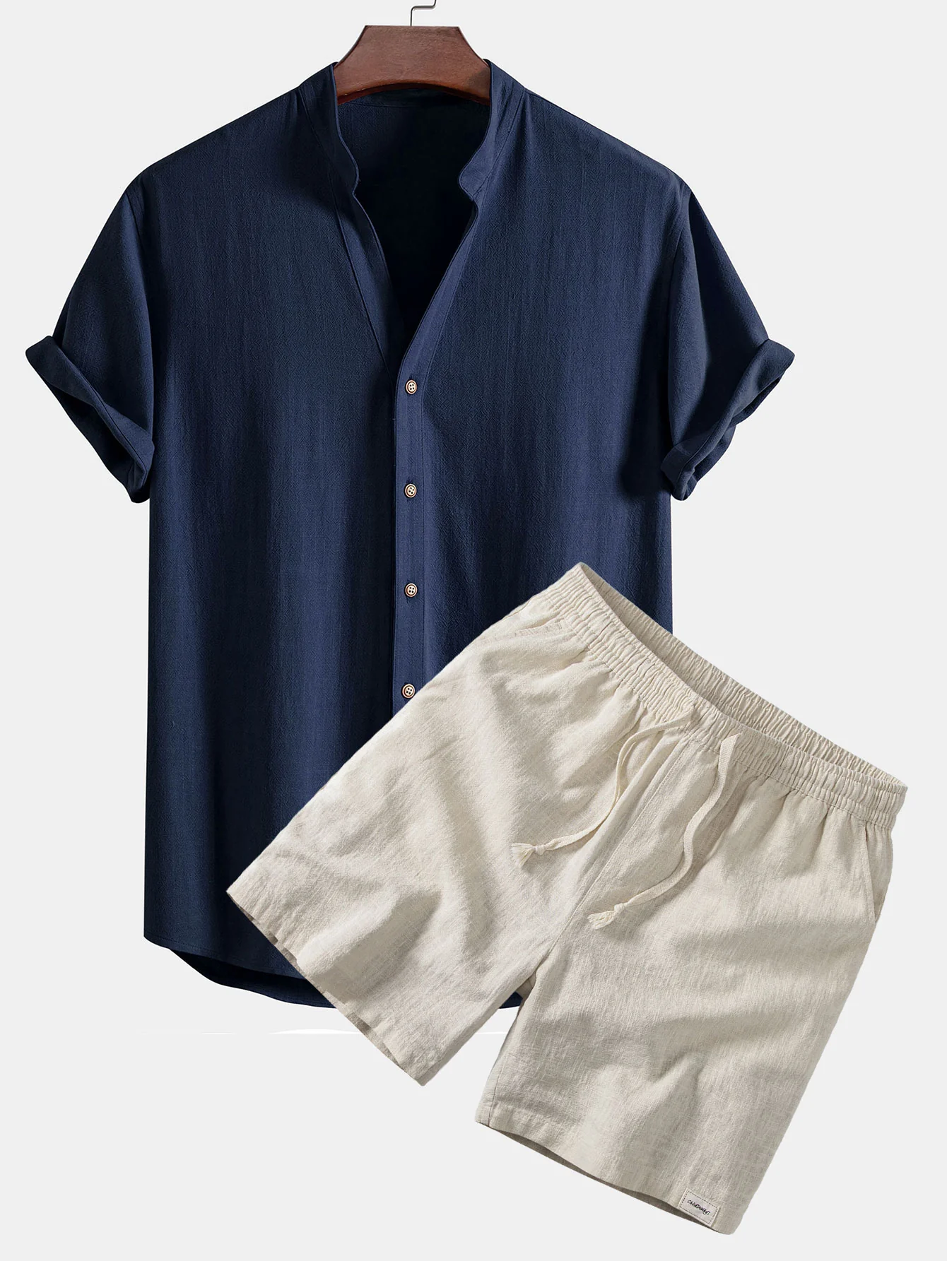 Short Sleeve V Neck Linen Rayon Blend Shirt & Linen Blend Drawstring 7" Shorts - Image 2