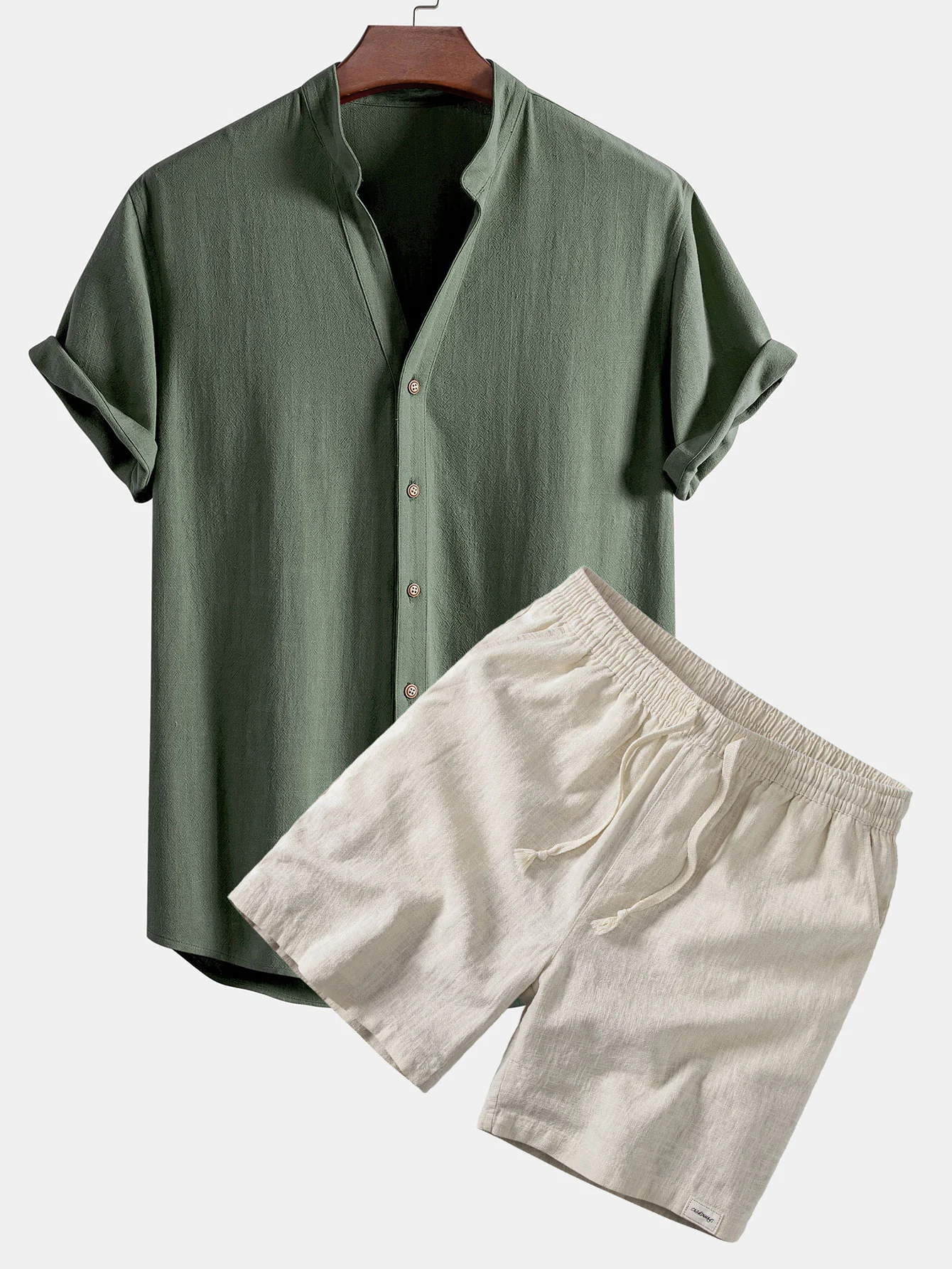 Short Sleeve V Neck Linen Rayon Blend Shirt & Linen Blend Drawstring 7" Shorts - Image 3