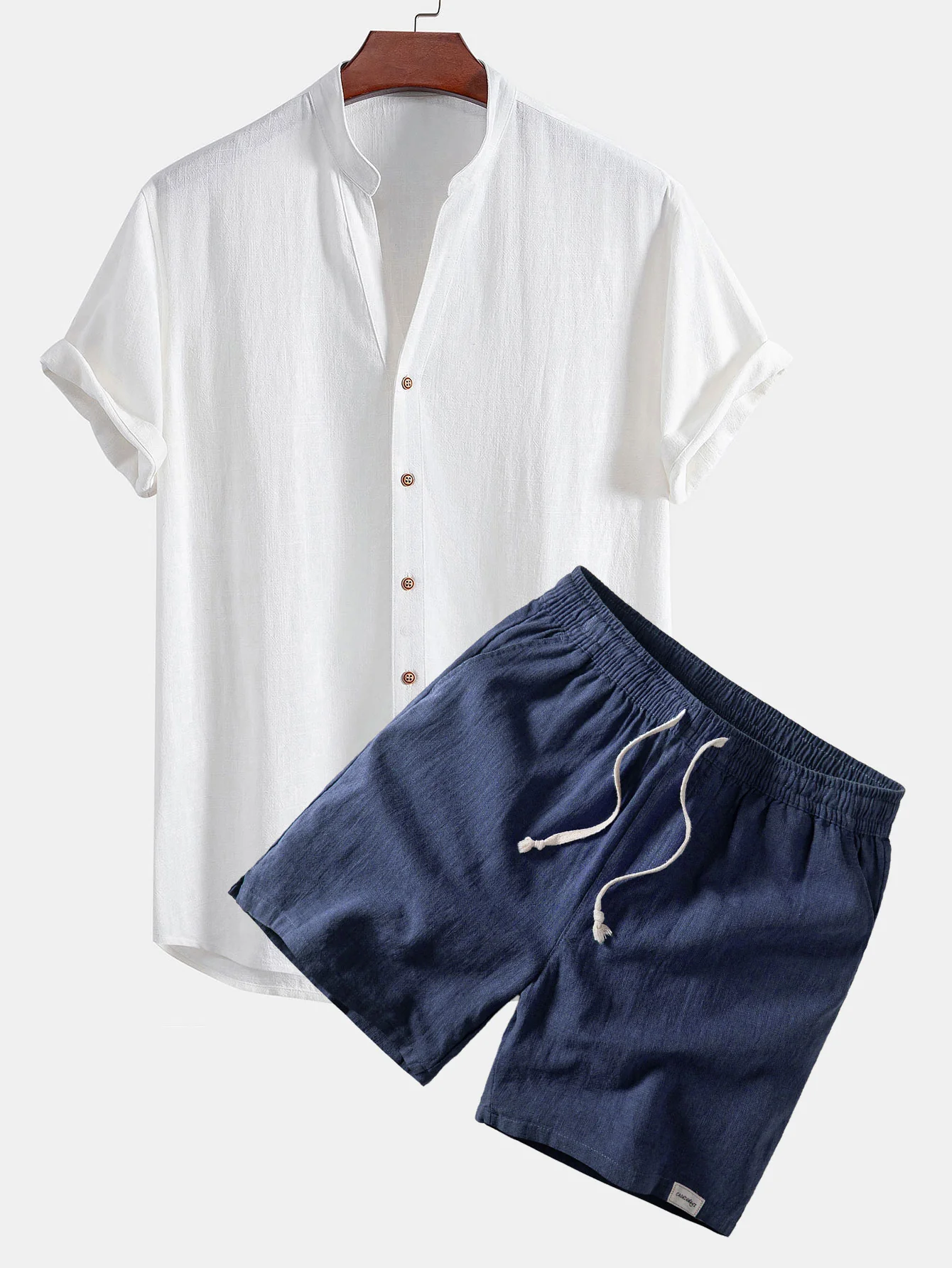 Short Sleeve V Neck Linen Rayon Blend Shirt & Linen Blend Drawstring 7" Shorts - Image 4
