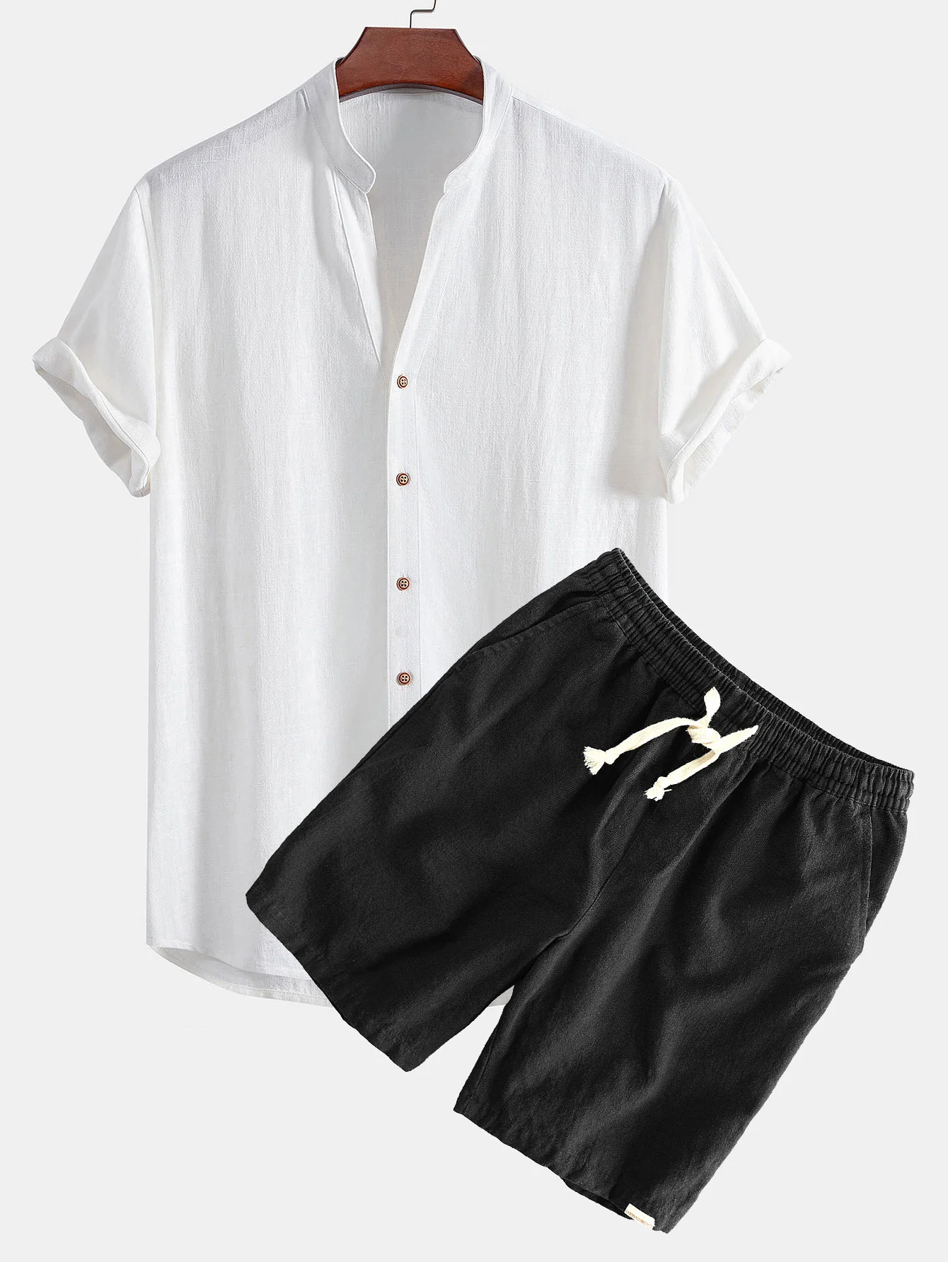 Kurzarm V-Ausschnitt Leinen-Rayon-Mischhemd & Leinen-Baumwoll-Misch-Shorts mit Kordelzug - Image 3
