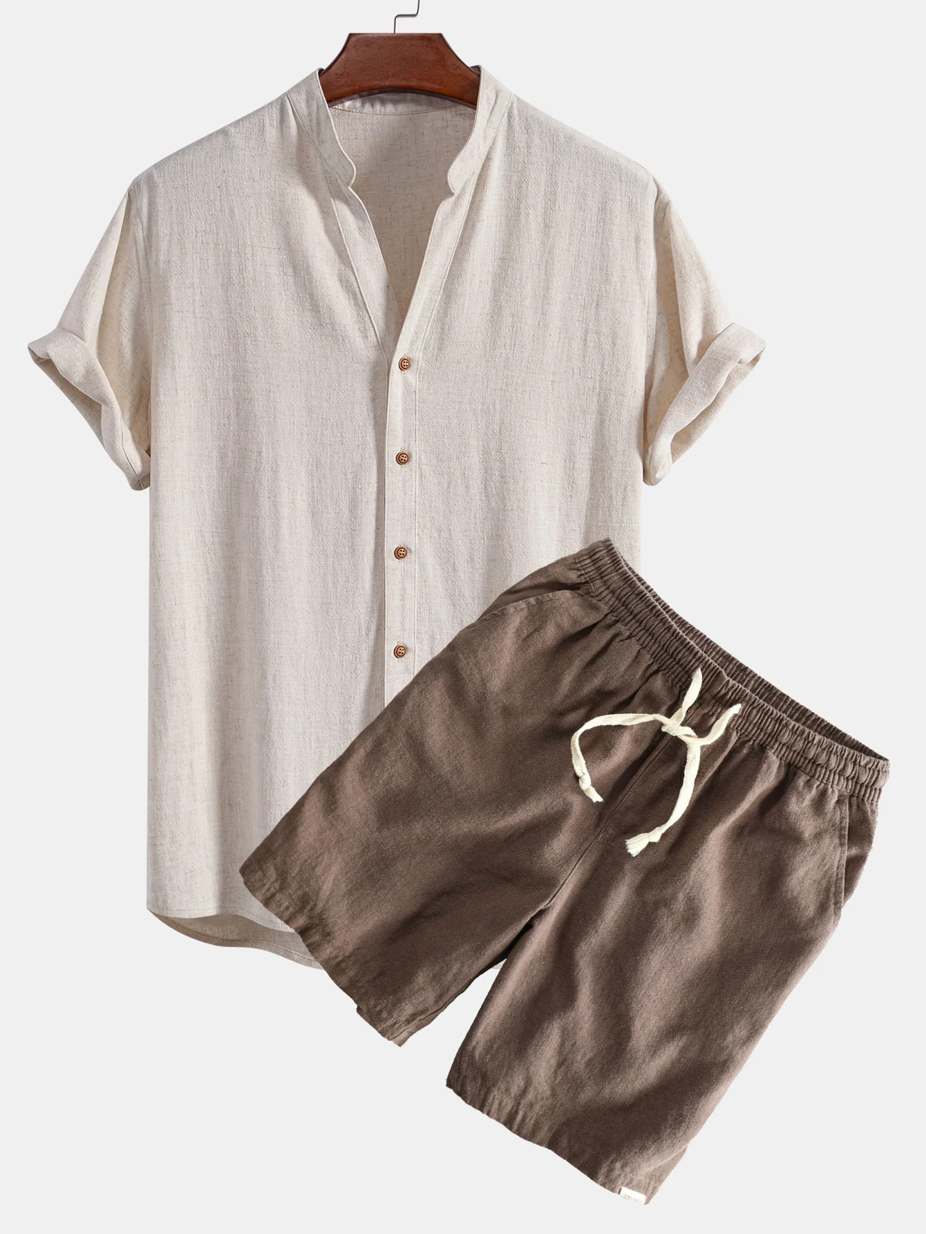 Kurzarm V-Ausschnitt Leinen-Rayon-Mischhemd & Leinen-Baumwoll-Misch-Shorts mit Kordelzug - Image 4
