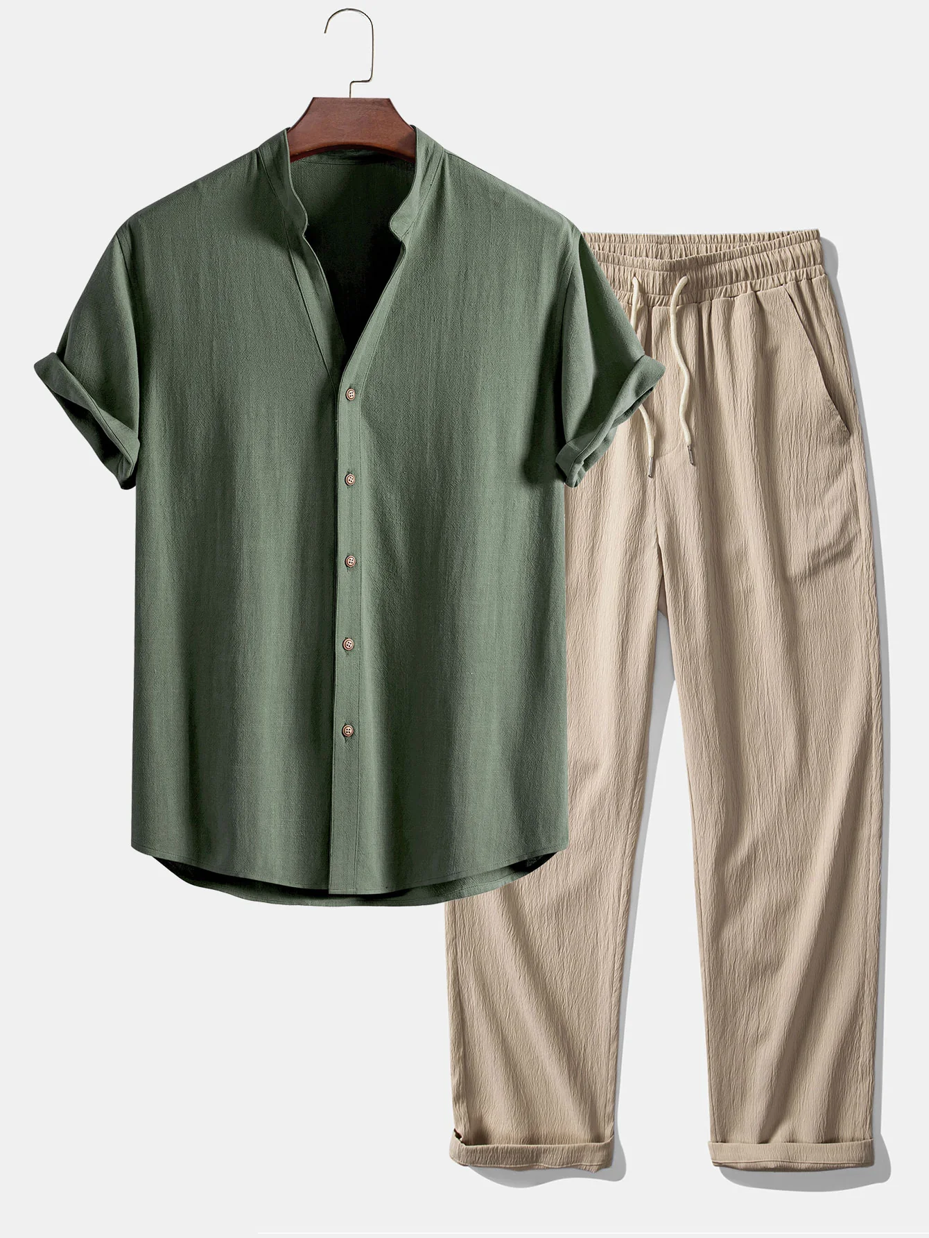 Kurzarm V-Ausschnitt Leinen-Rayon-Mischhemd & knittertexturierte gerade Beinform-Hose