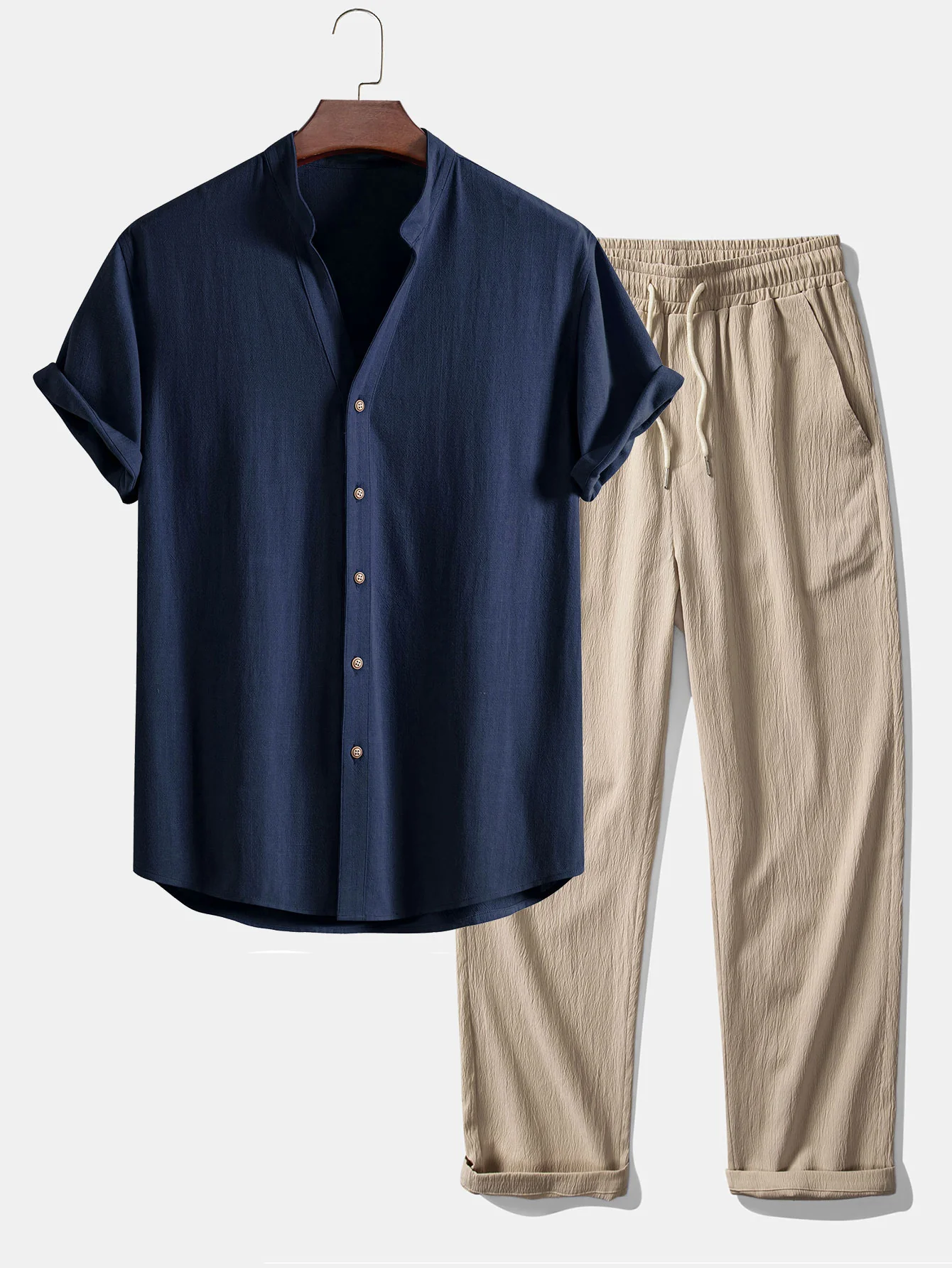 Kurzarm V-Ausschnitt Leinen-Rayon-Mischhemd & knittertexturierte gerade Beinform-Hose - Image 2