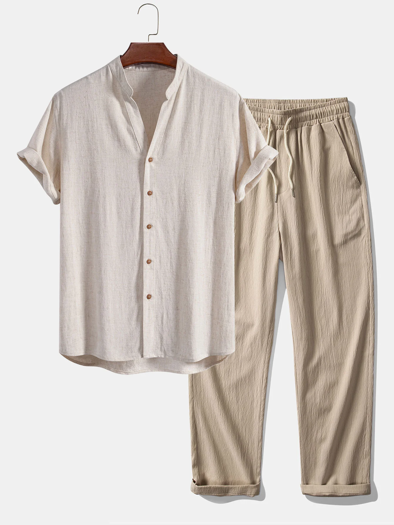 Kurzarm V-Ausschnitt Leinen-Rayon-Mischhemd & knittertexturierte gerade Beinform-Hose - Image 3