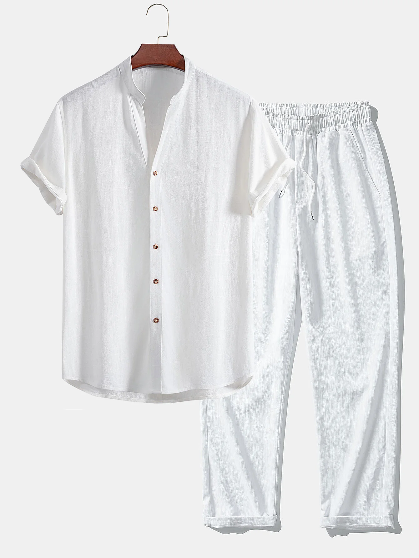 Kurzarm V-Ausschnitt Leinen-Rayon-Mischhemd & knittertexturierte gerade Beinform-Hose - Image 4