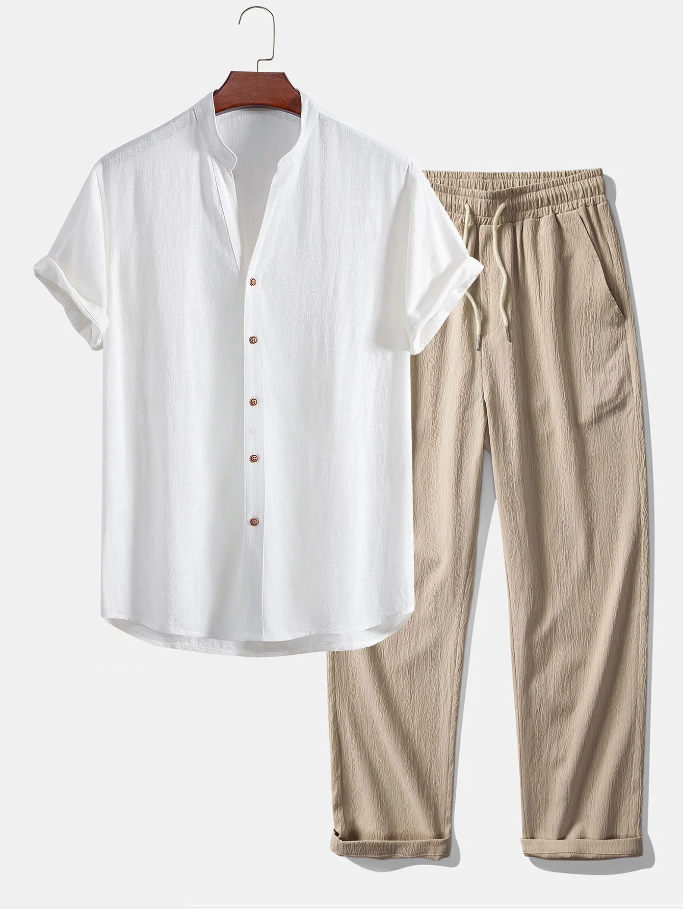 Kurzarm V-Ausschnitt Leinen-Rayon-Mischhemd & knittertexturierte gerade Beinform-Hose - Image 5
