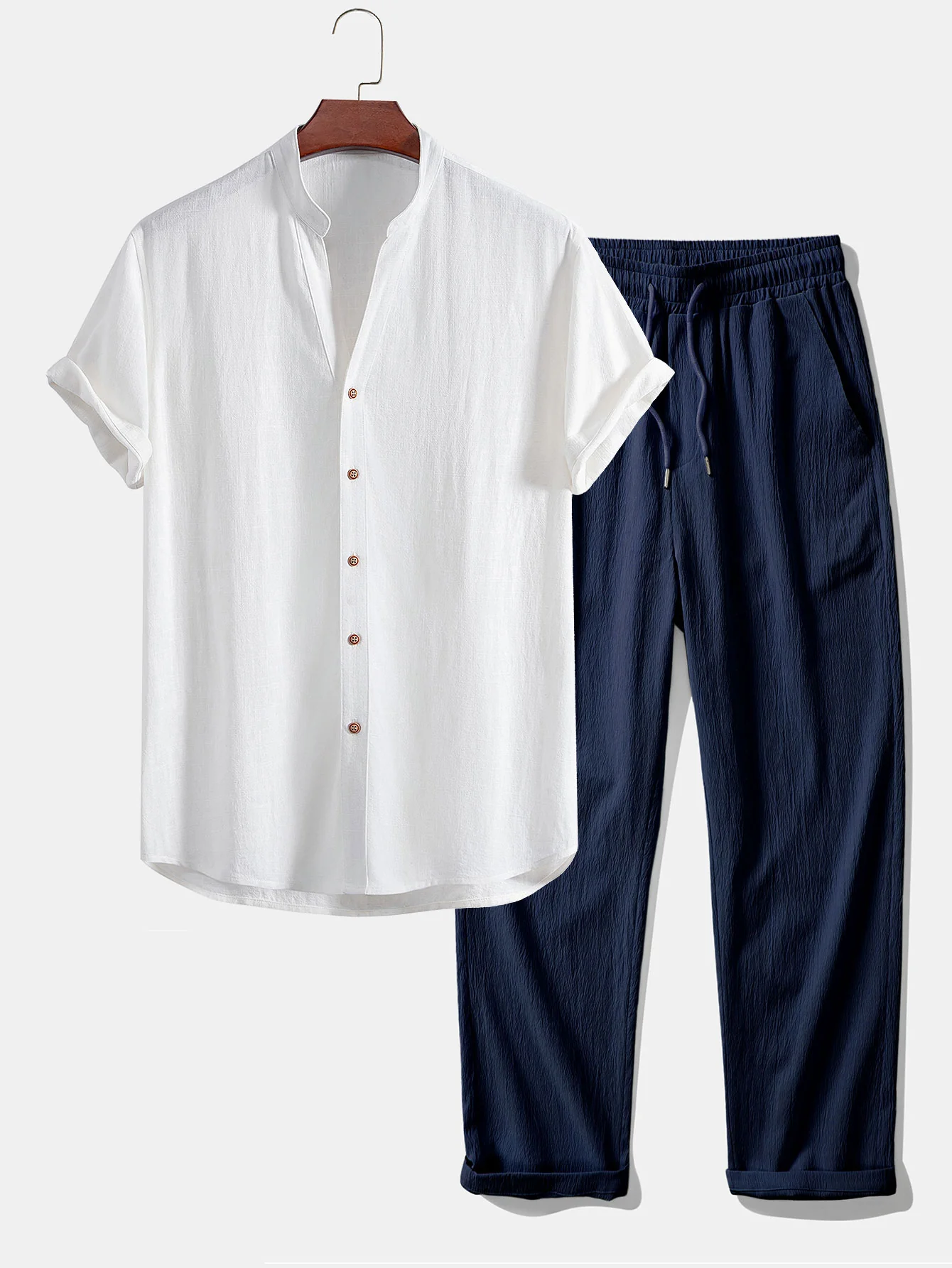 Kurzarm V-Ausschnitt Leinen-Rayon-Mischhemd & knittertexturierte gerade Beinform-Hose - Image 6