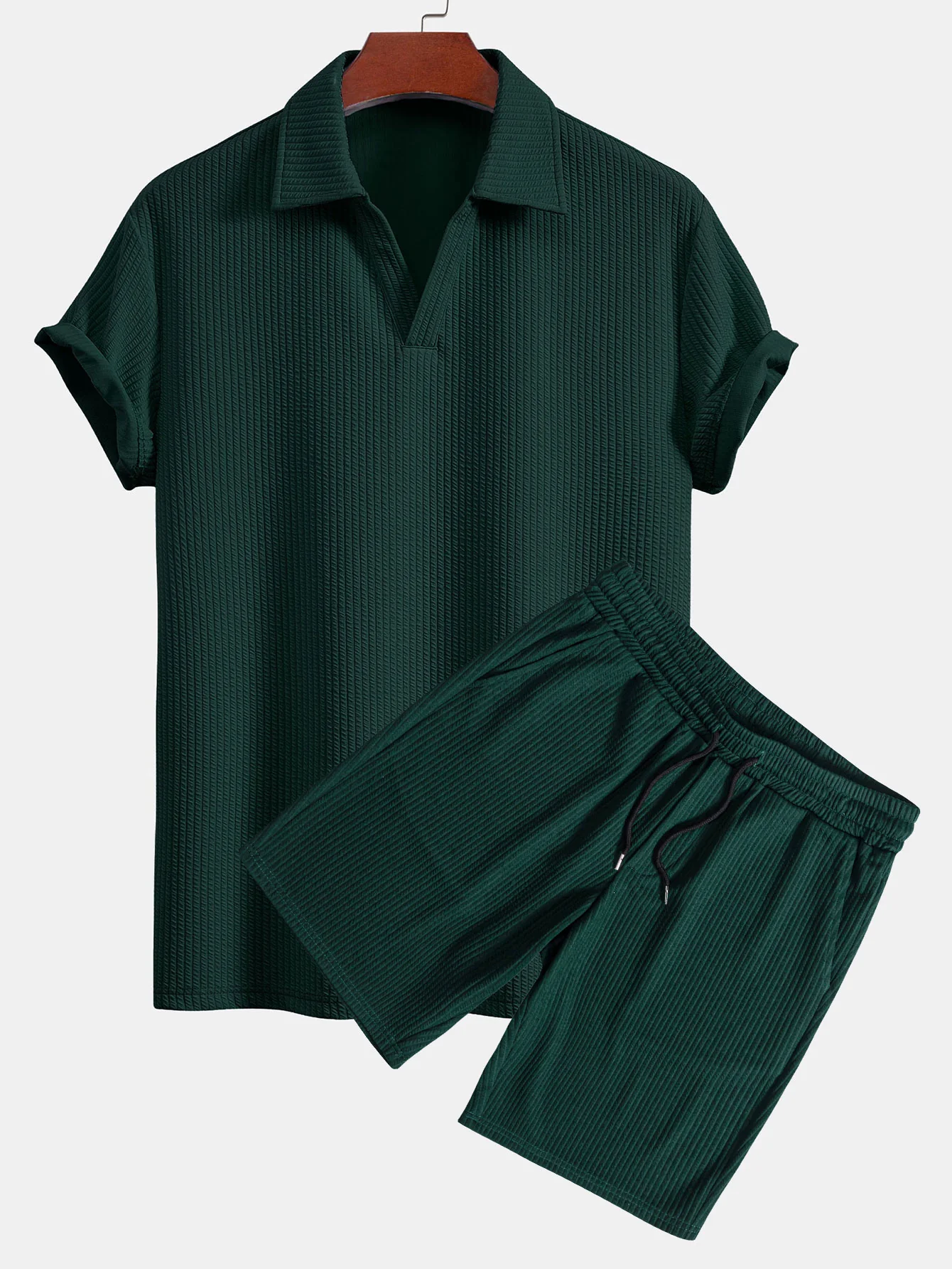Kurzärmliges V-Ausschnitt Ripp-Polo & Kordelzug Ripp-Shorts