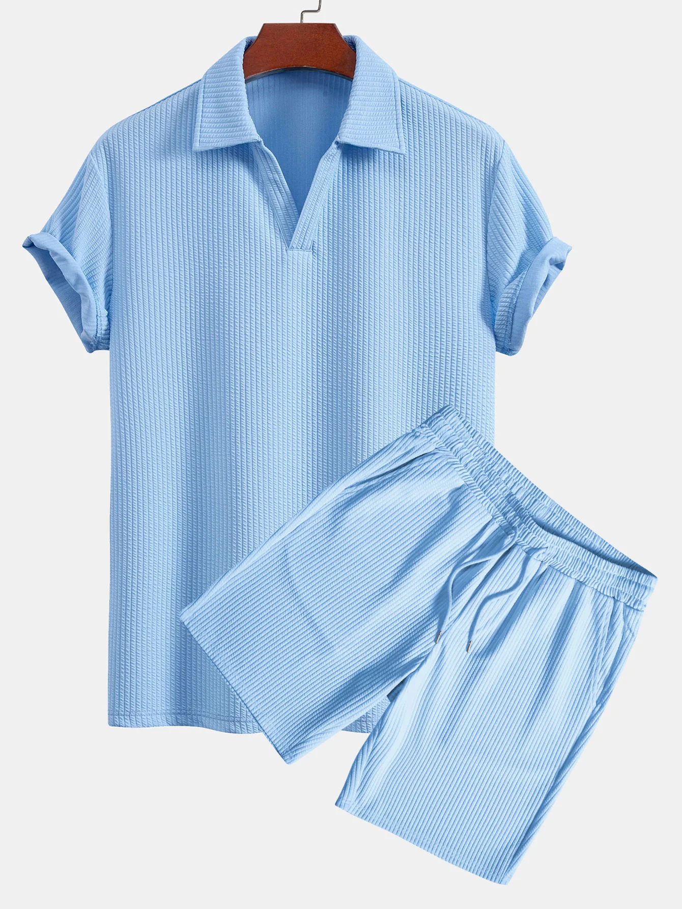 Kurzärmliges V-Ausschnitt Ripp-Polo & Kordelzug Ripp-Shorts - Image 2