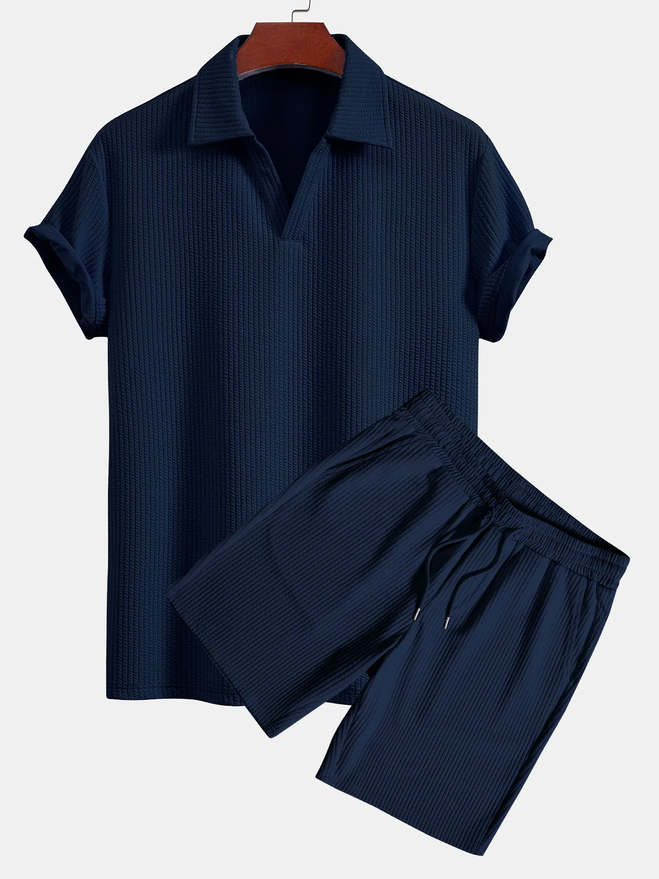 Kurzärmliges V-Ausschnitt Ripp-Polo & Kordelzug Ripp-Shorts - Image 3
