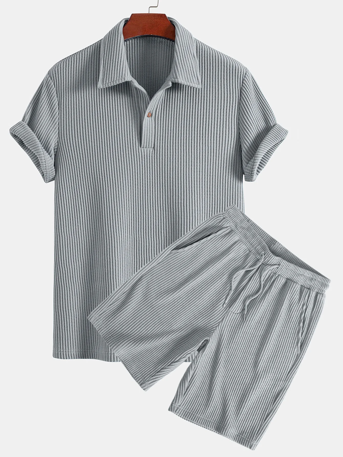 Kurzärmeliges Waffel-Poloshirt & Strick-Waffel-Shorts mit Kordelzug - Image 2