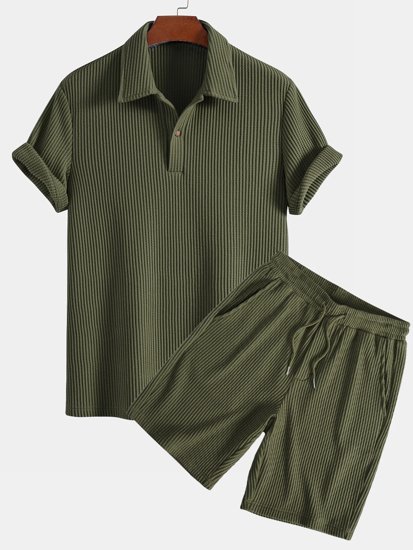 Kurzärmeliges Waffel-Poloshirt & Strick-Waffel-Shorts mit Kordelzug - Image 3