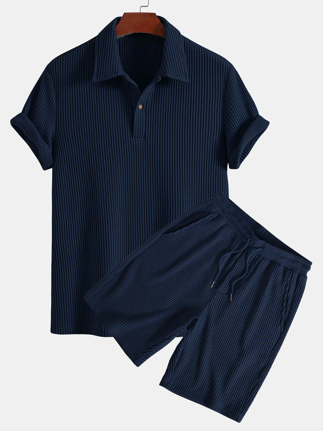 Kurzärmeliges Waffel-Poloshirt & Strick-Waffel-Shorts mit Kordelzug - Image 4