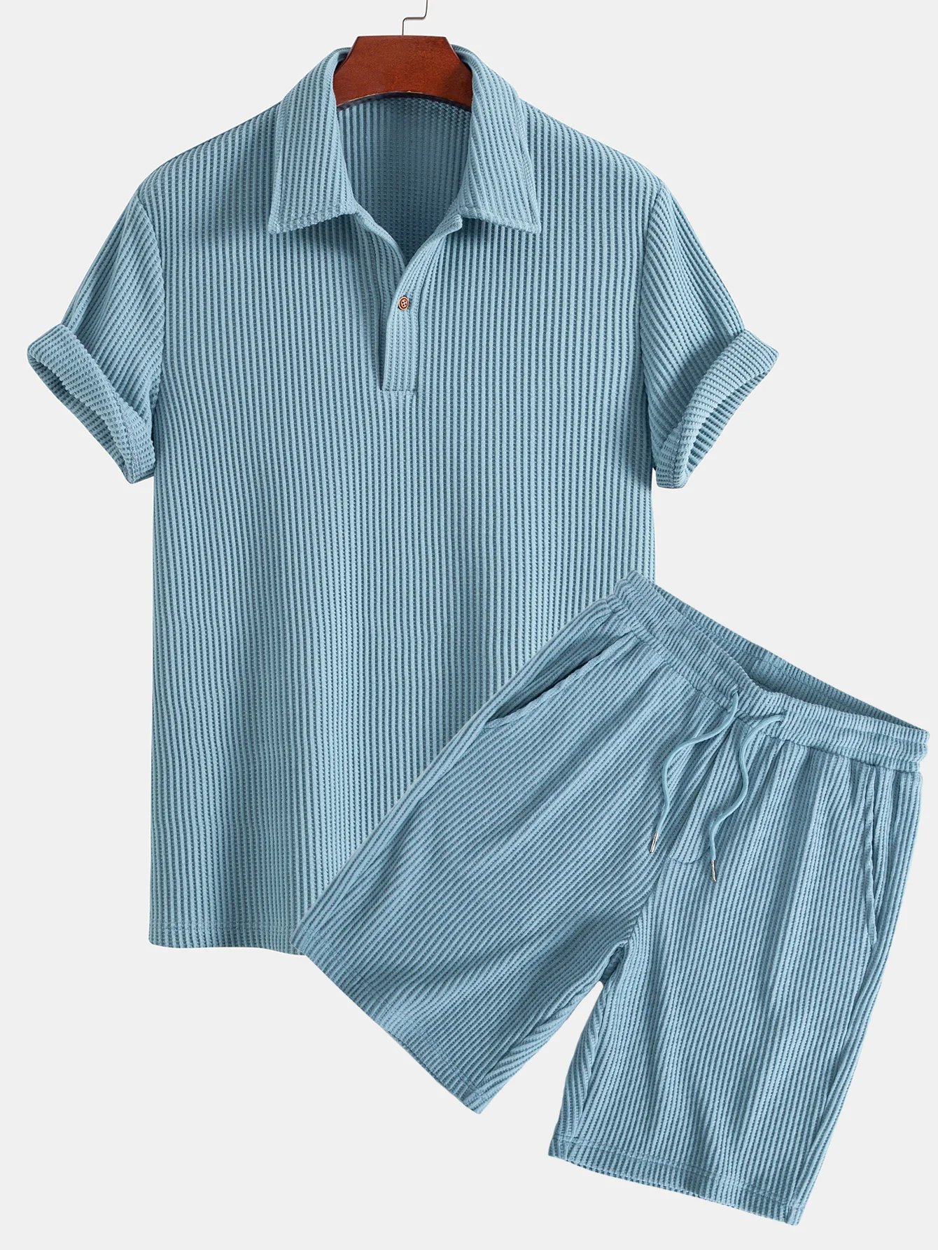 Kurzärmeliges Waffel-Poloshirt & Strick-Waffel-Shorts mit Kordelzug - Image 5