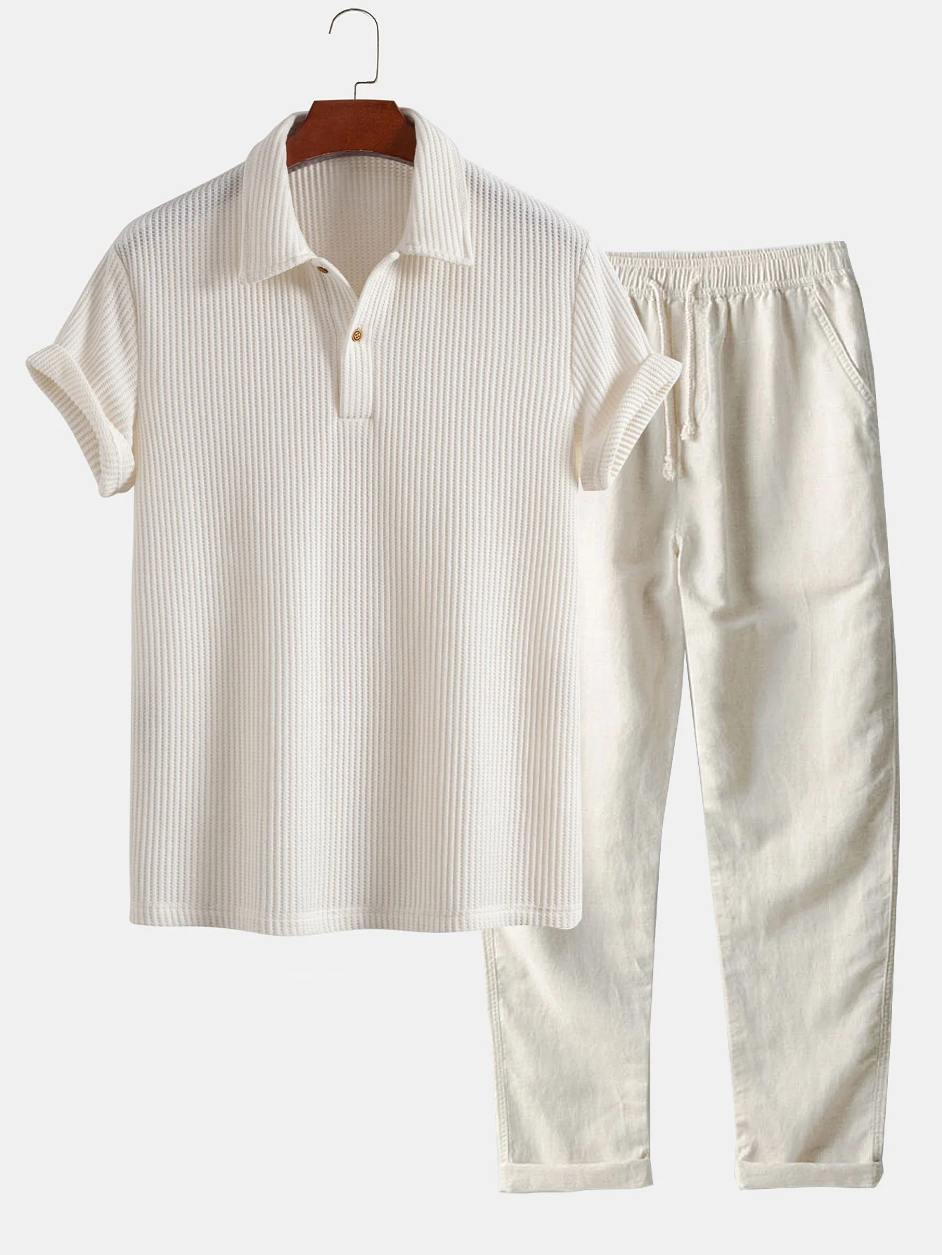 Kurzärmeliges Waffel-Poloshirts & Leinenhose mit geradem Bein - Image 2