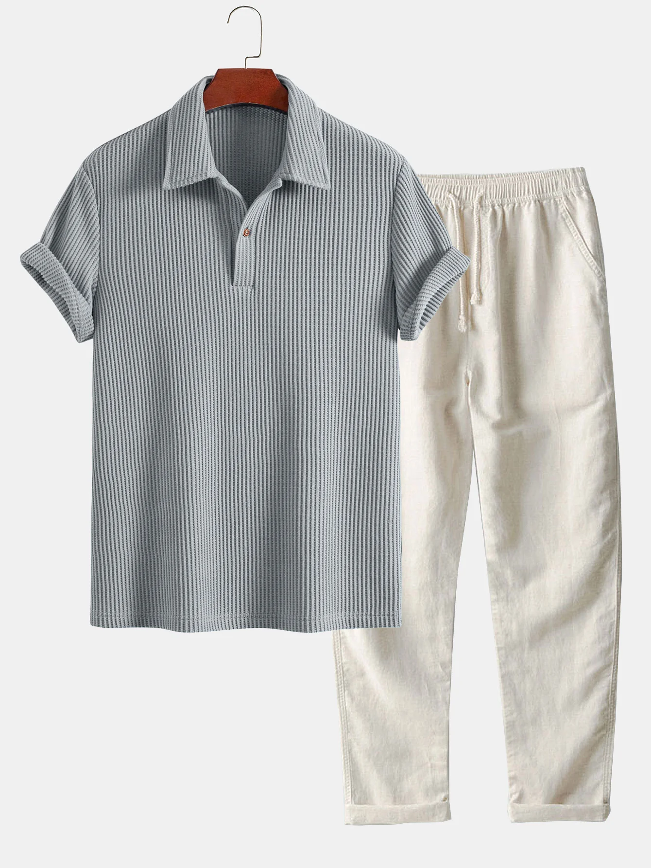 Kurzärmeliges Waffel-Poloshirts & Leinenhose mit geradem Bein - Image 3