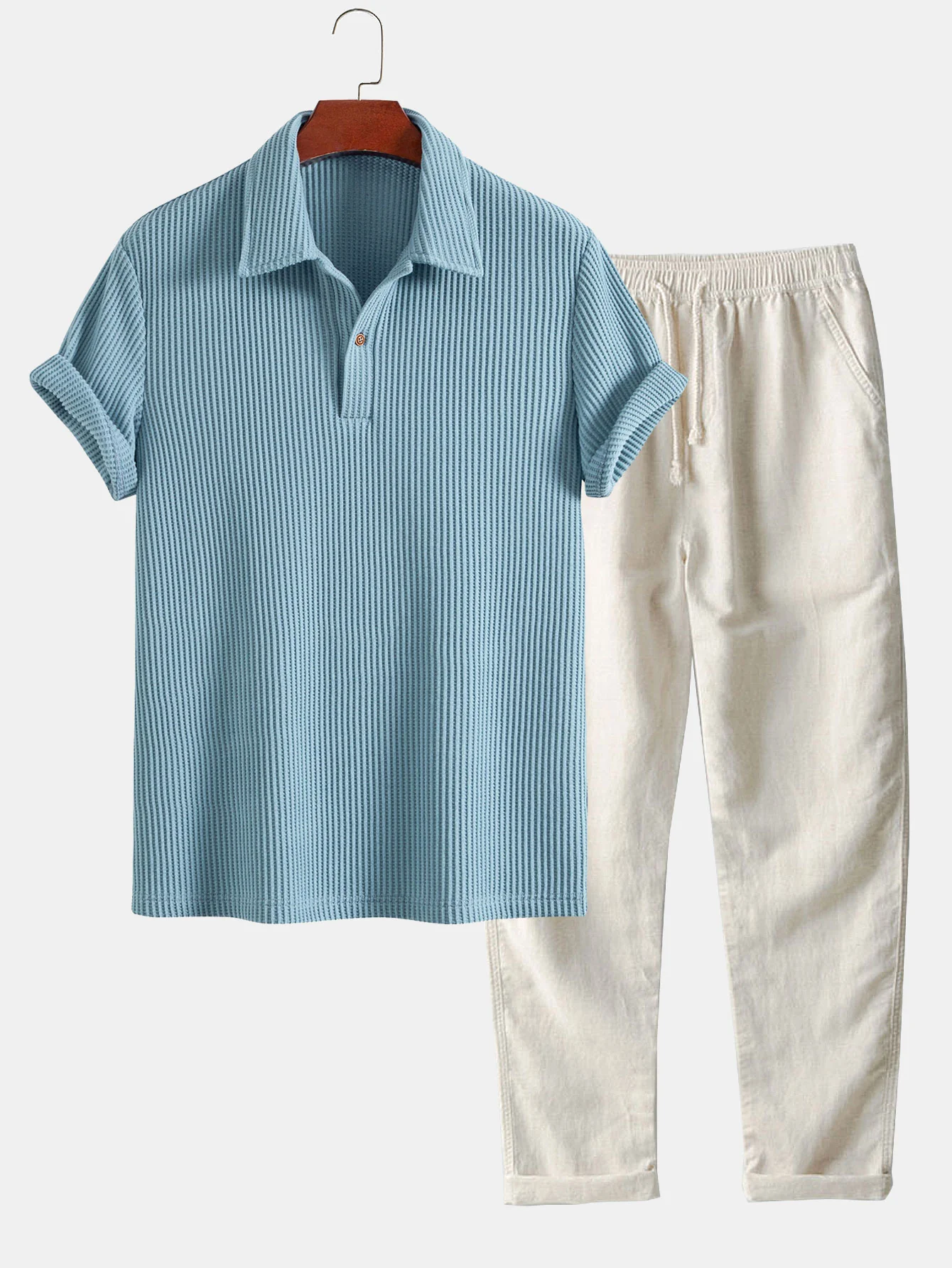 Kurzärmeliges Waffel-Poloshirts & Leinenhose mit geradem Bein - Image 4