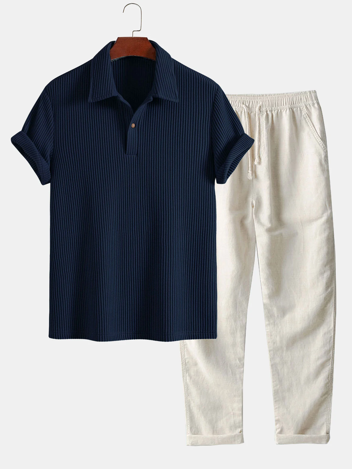 Kurzärmeliges Waffel-Poloshirts & Leinenhose mit geradem Bein - Image 5