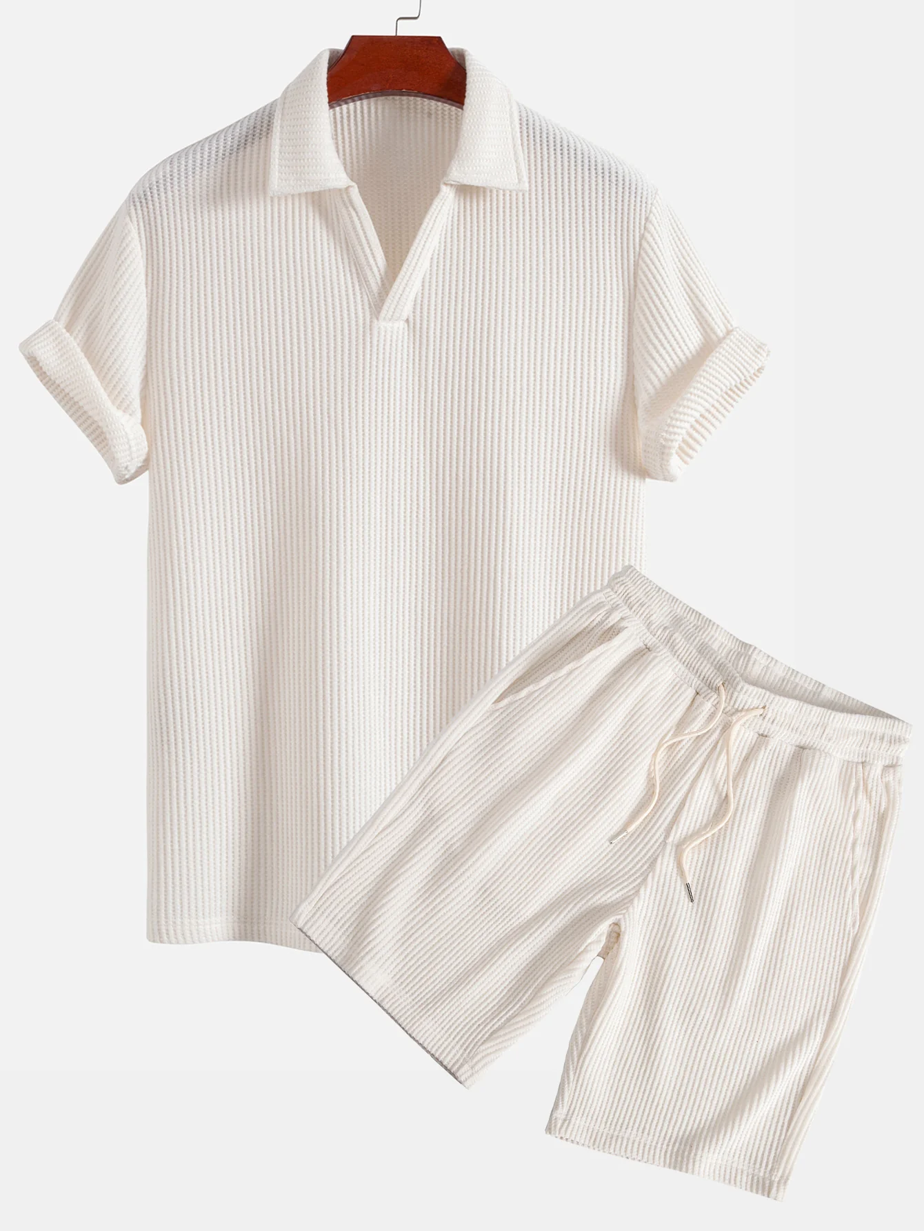 Kurzärmliges Waffel V-Ausschnitt Polo & Kordelzug Strick Waffel Shorts - Image 2
