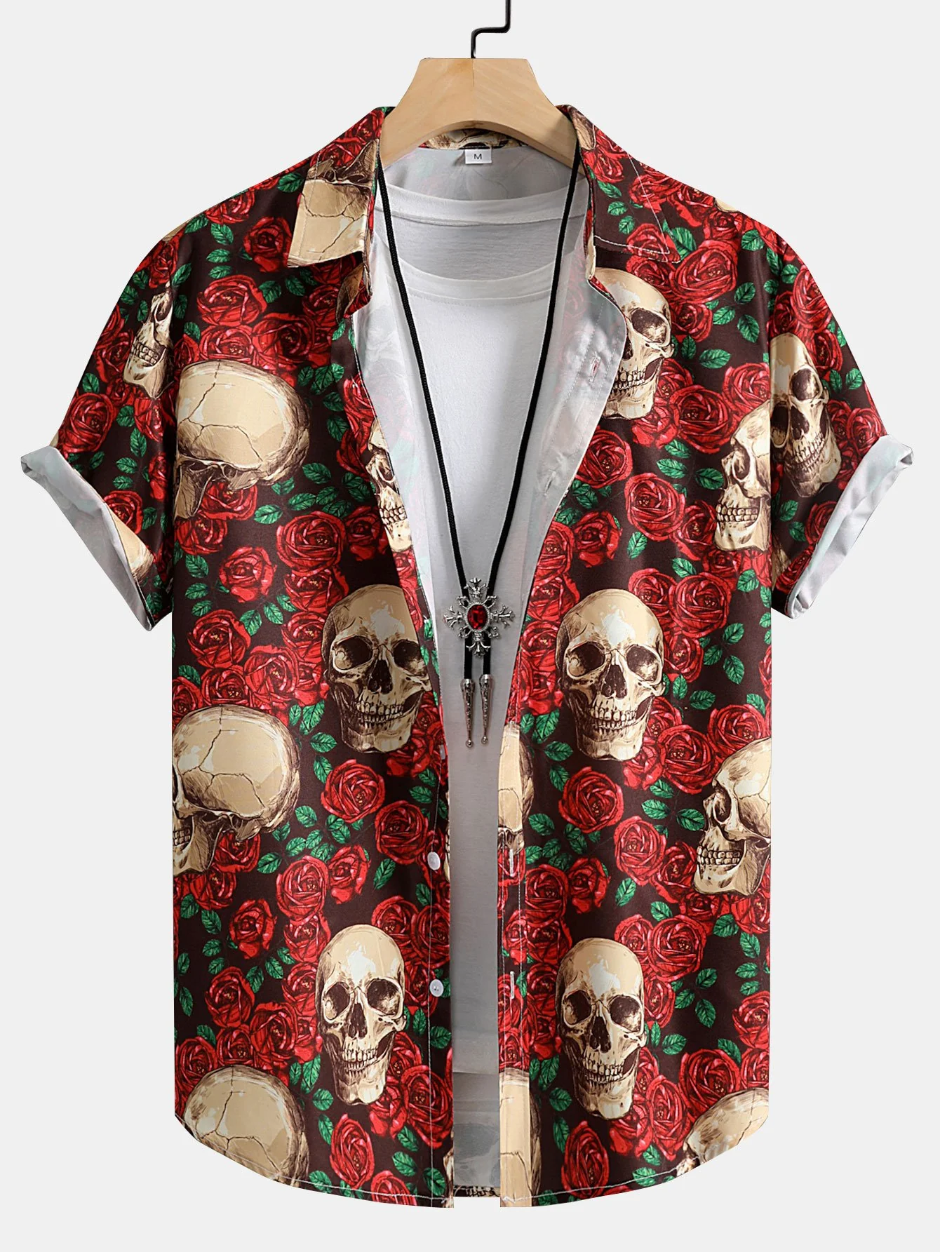 Skull Rose Print Button-Up-Hemd