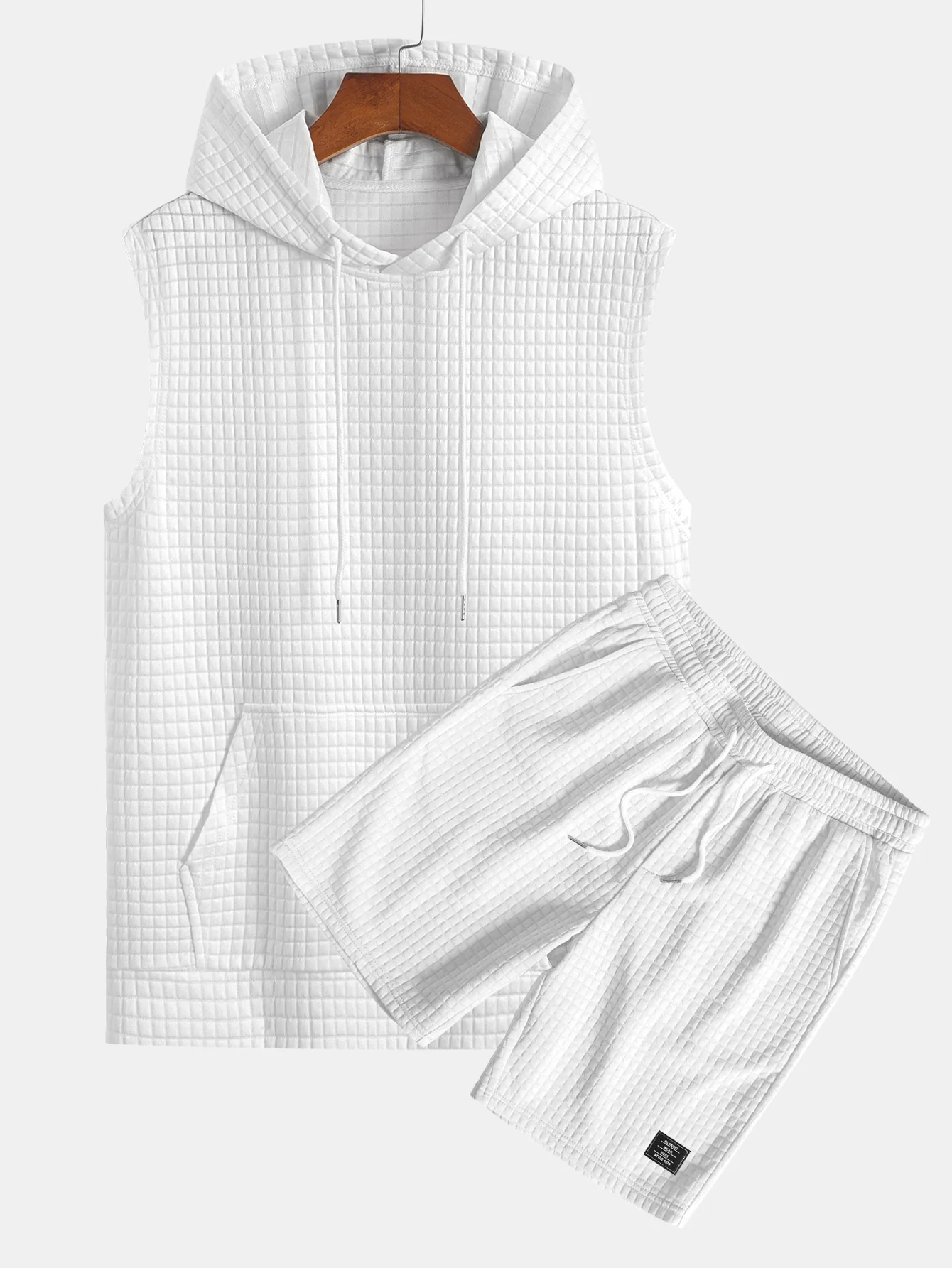 Ärmelloser Waffel-Hoodie mit Kängurutasche & Shorts - Image 3