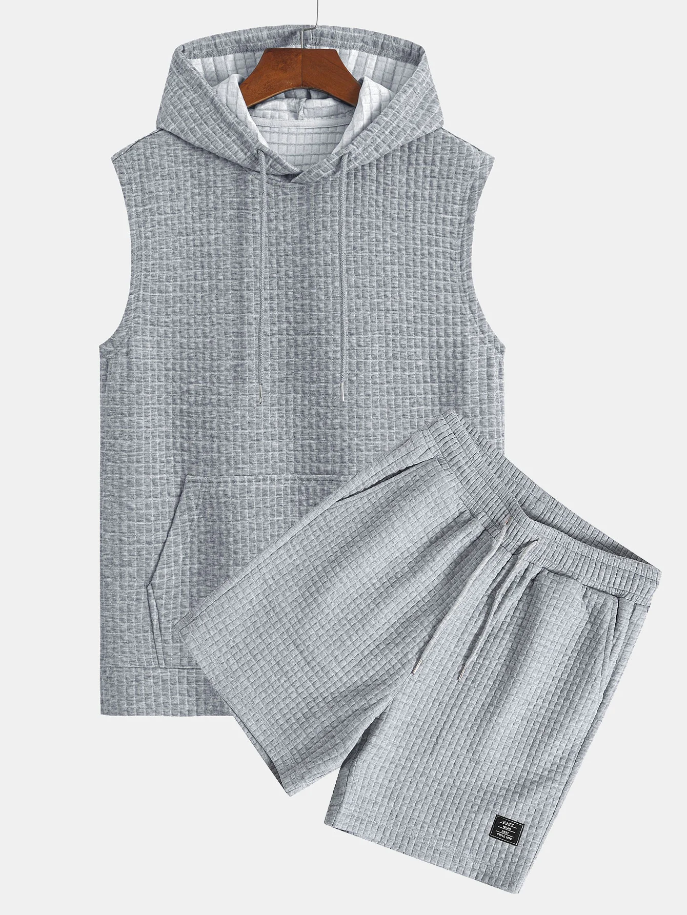 Ärmelloser Waffel-Hoodie mit Kängurutasche & Shorts - Image 4