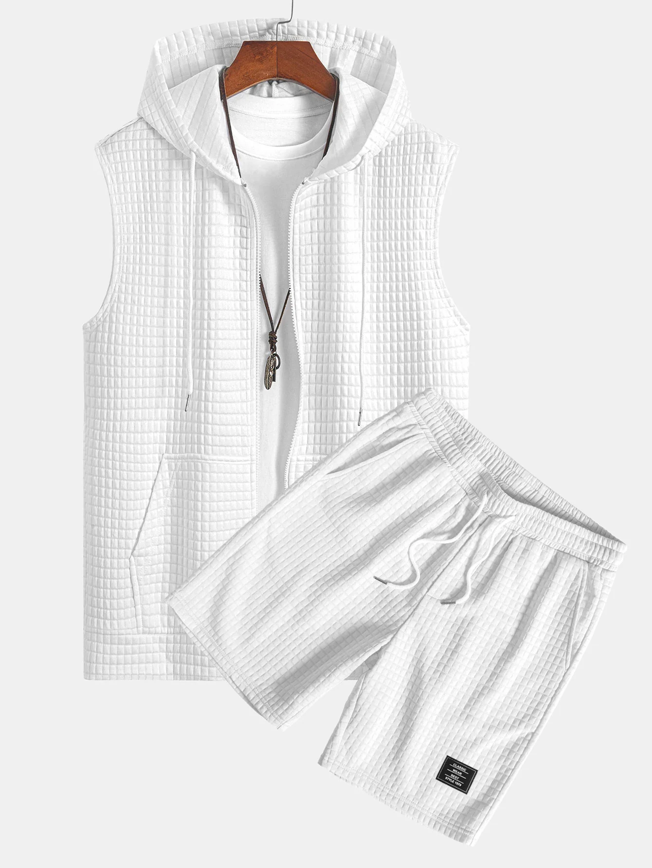 Ärmelloser Waffel-Reißverschluss-Hoodie & Waffel-Kordelzug Shorts - Image 2