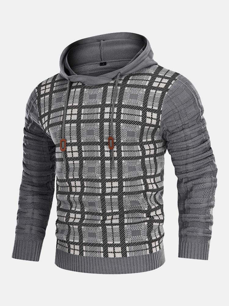 Slim Fit Strick-Plaid-Paneel Kapuzenpullover