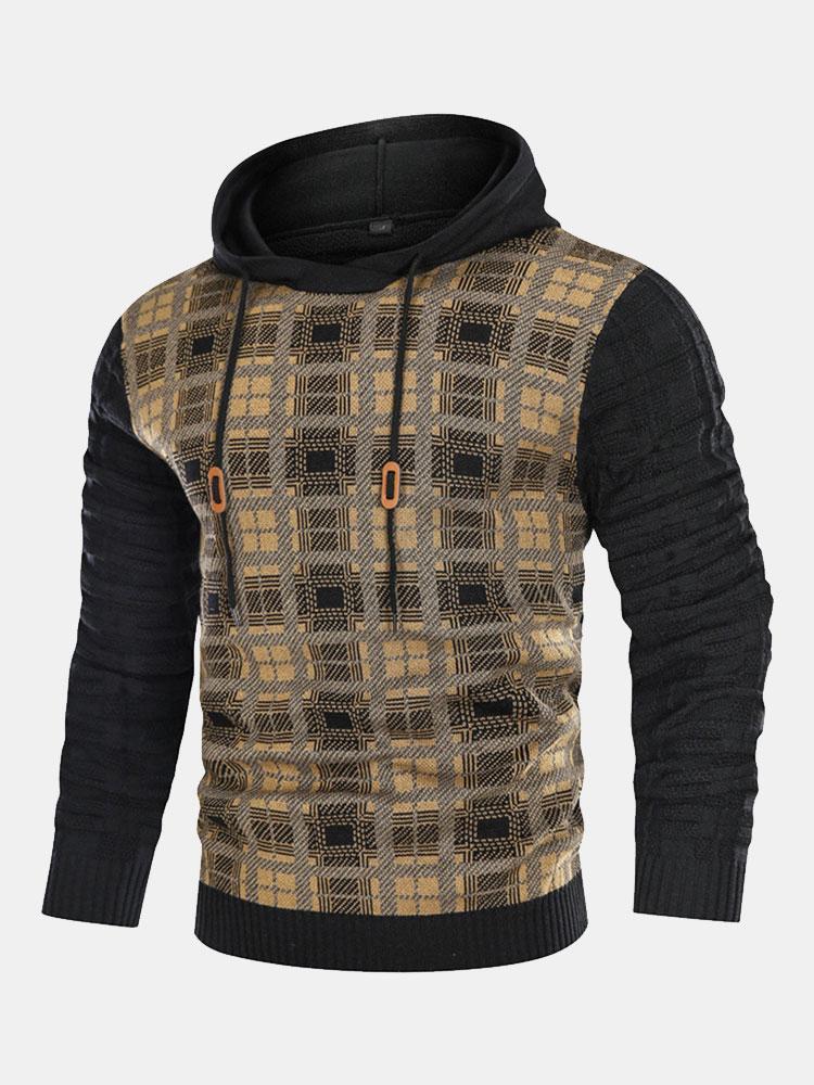 Slim Fit Strick-Plaid-Paneel Kapuzenpullover - Image 3