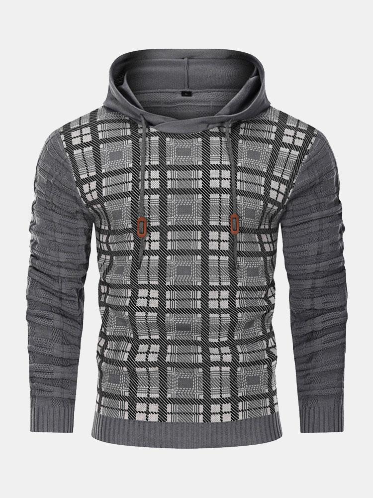 Slim Fit Strick-Plaid-Paneel Kapuzenpullover - Image 4