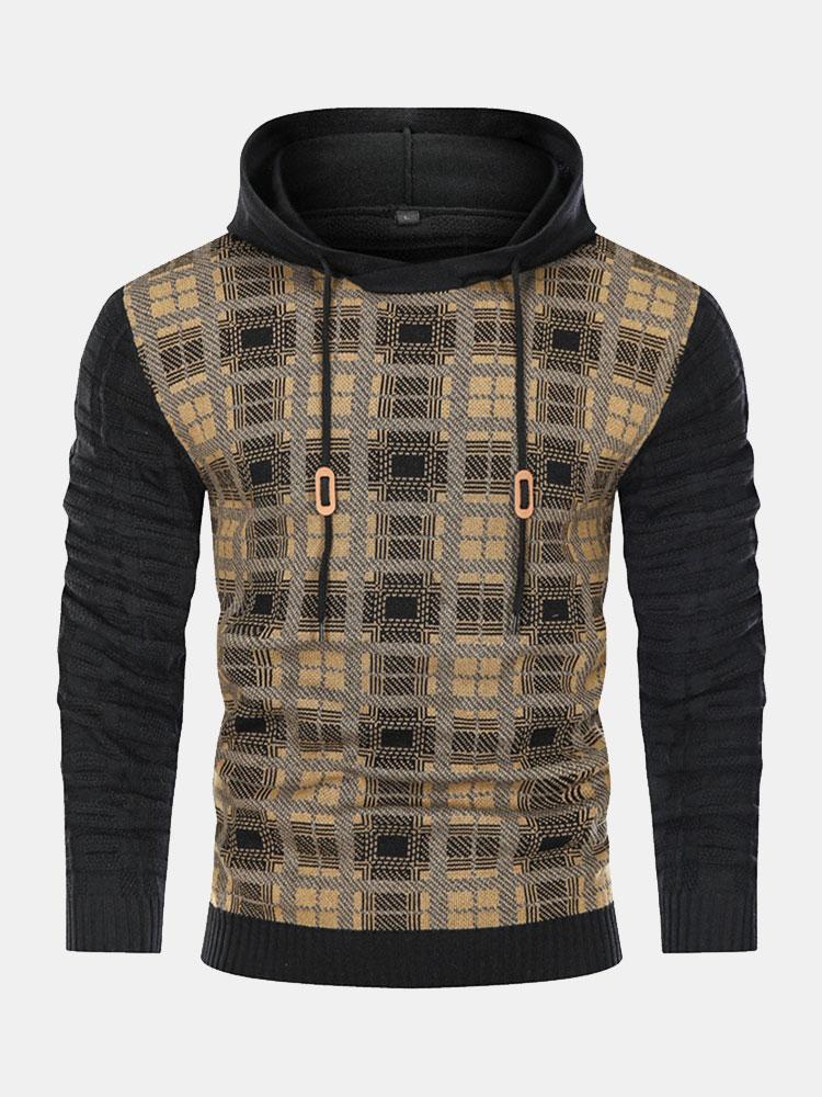 Slim Fit Strick-Plaid-Paneel Kapuzenpullover - Image 6